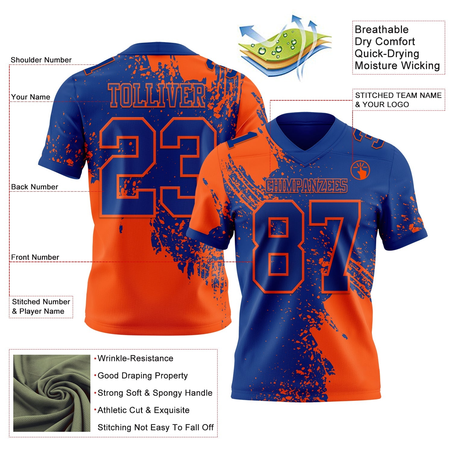 Custom Royal Orange 3D Pattern Abstract Brush Stroke Authentic Football Jersey
