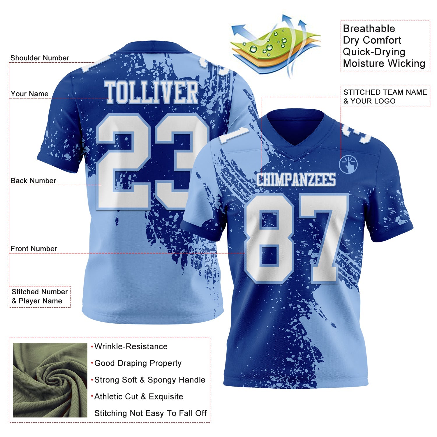 Custom Royal White-Light Blue 3D Pattern Abstract Brush Stroke Authentic Football Jersey