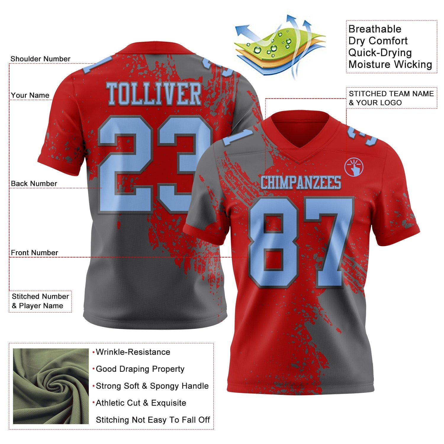 Custom Red Light Blue-Steel Gray 3D Pattern Abstract Brush Stroke Authentic Football Jersey