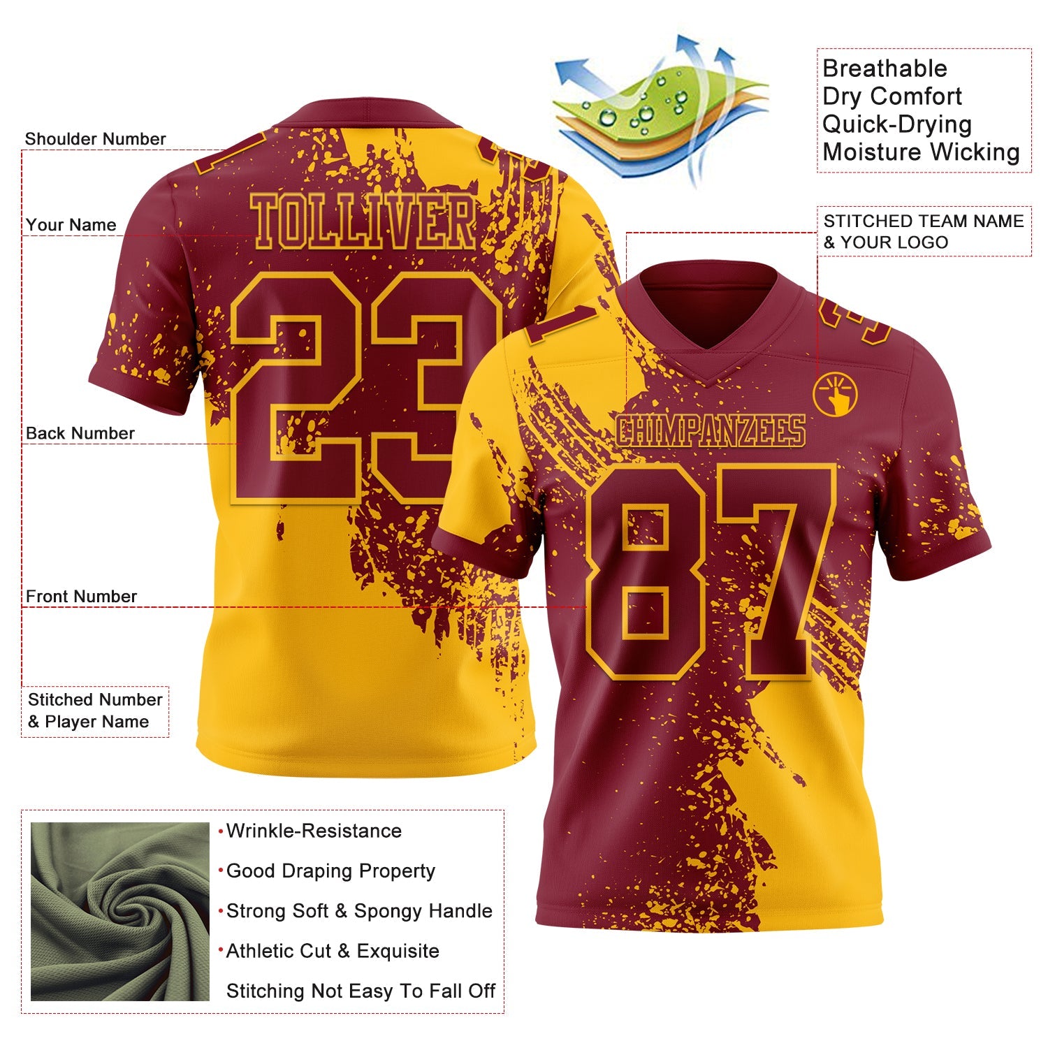 Custom Crimson Gold 3D Pattern Abstract Brush Stroke Authentic Football Jersey