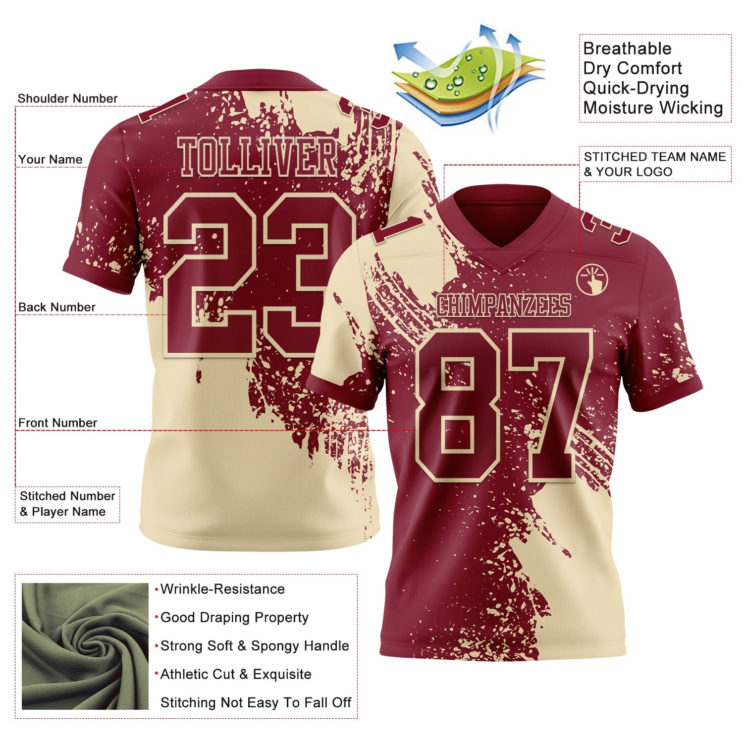 Custom Crimson Cream 3D Pattern Abstract Brush Stroke Authentic Football Jersey