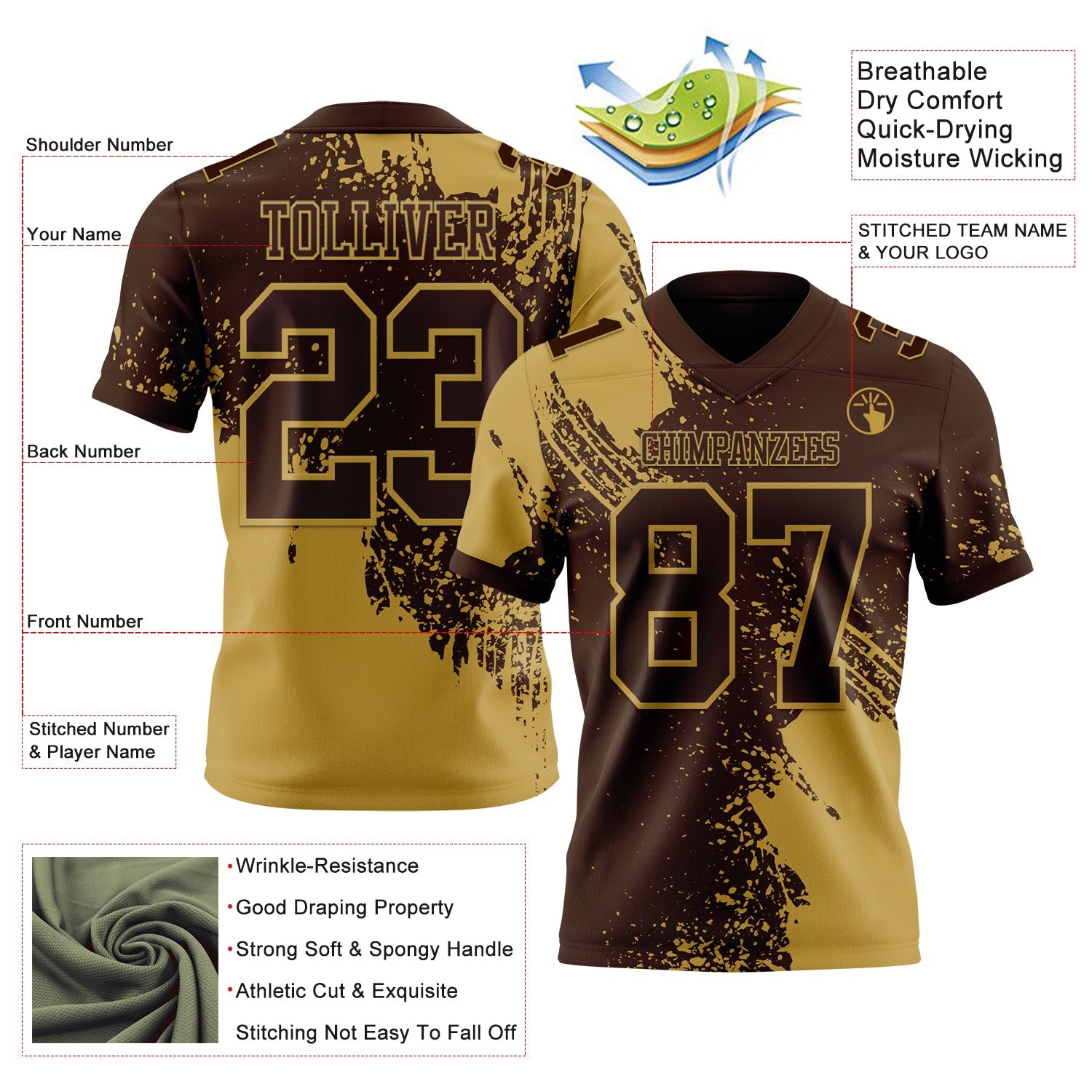Custom Brown Old Gold 3D Pattern Abstract Brush Stroke Authentic Football Jersey