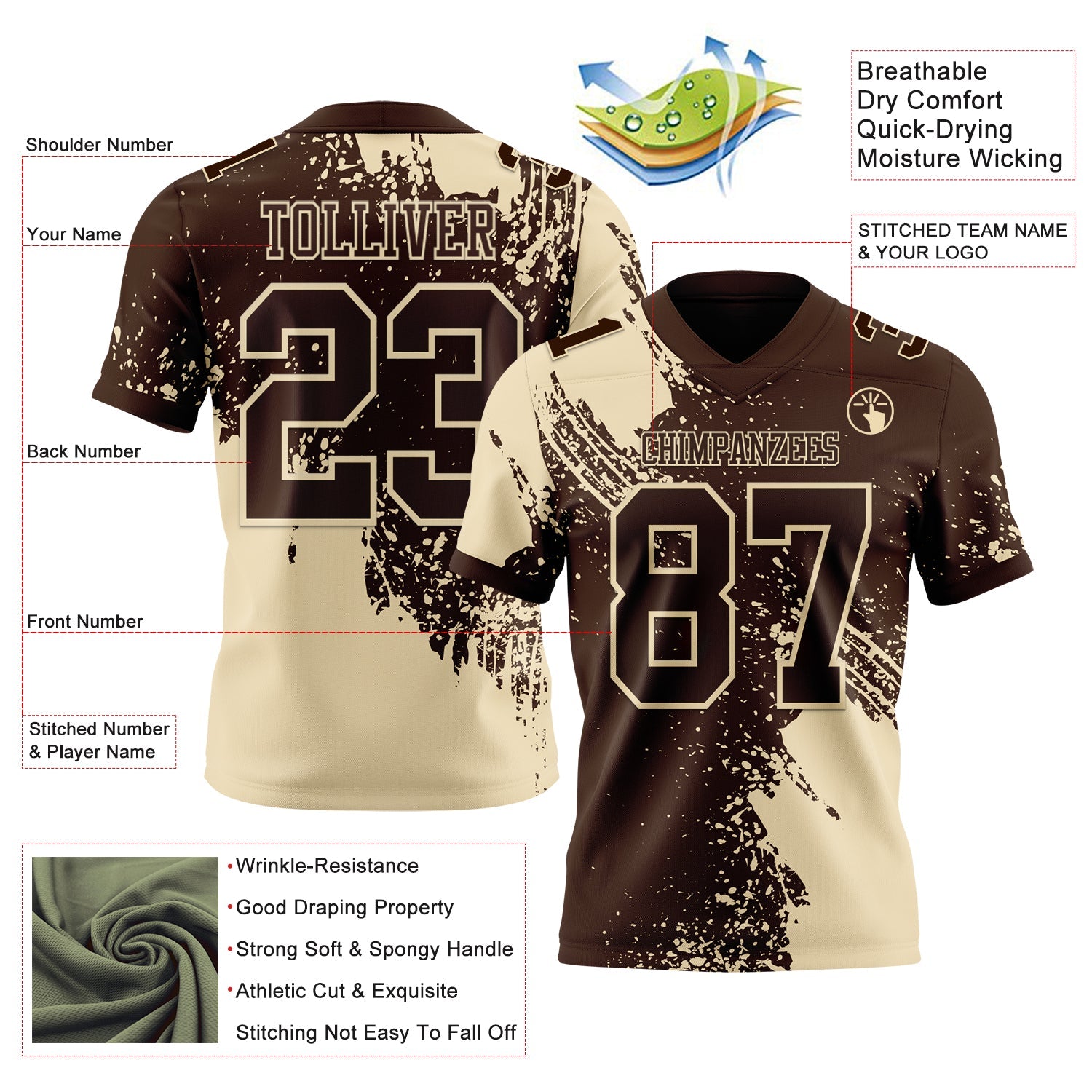 Custom Brown Cream 3D Pattern Abstract Brush Stroke Authentic Football Jersey
