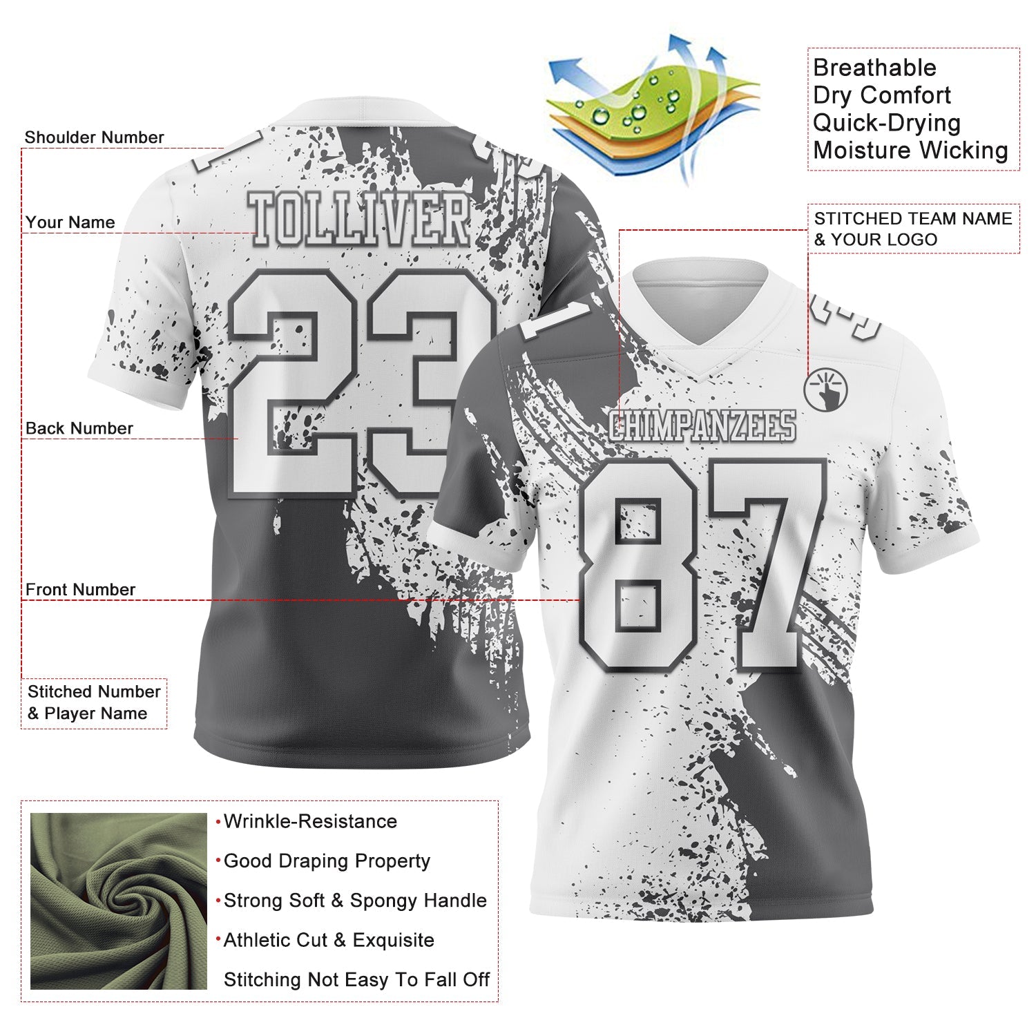 Custom White Steel Gray 3D Pattern Abstract Brush Stroke Authentic Football Jersey