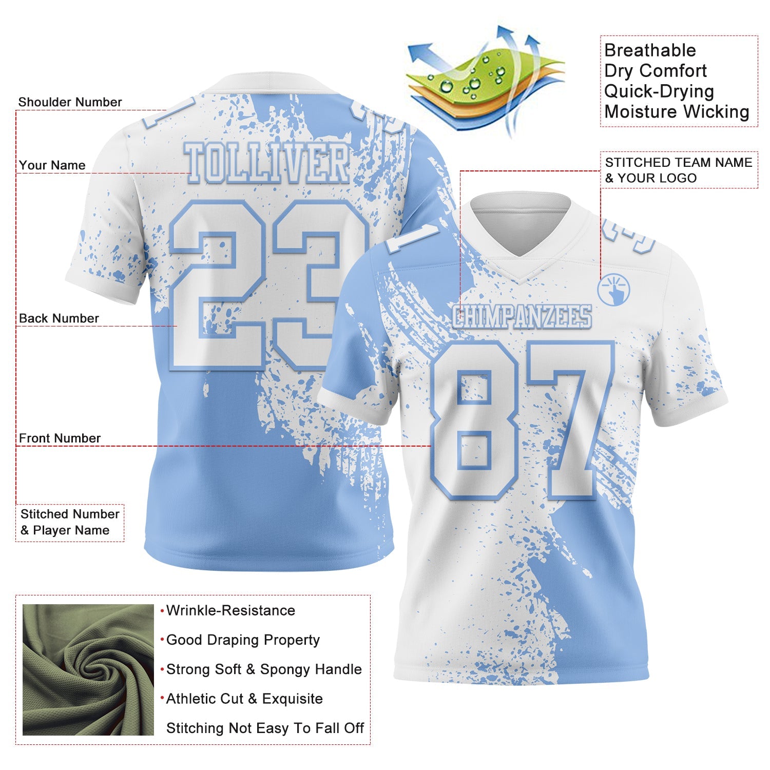 Custom White Light Blue 3D Pattern Abstract Brush Stroke Authentic Football Jersey