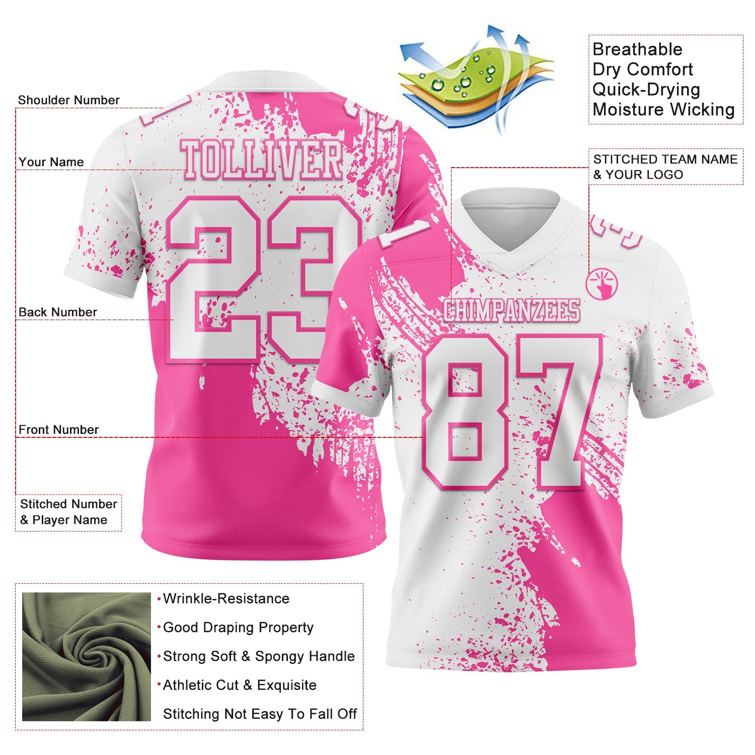 Custom White Pink 3D Pattern Abstract Brush Stroke Authentic Football Jersey