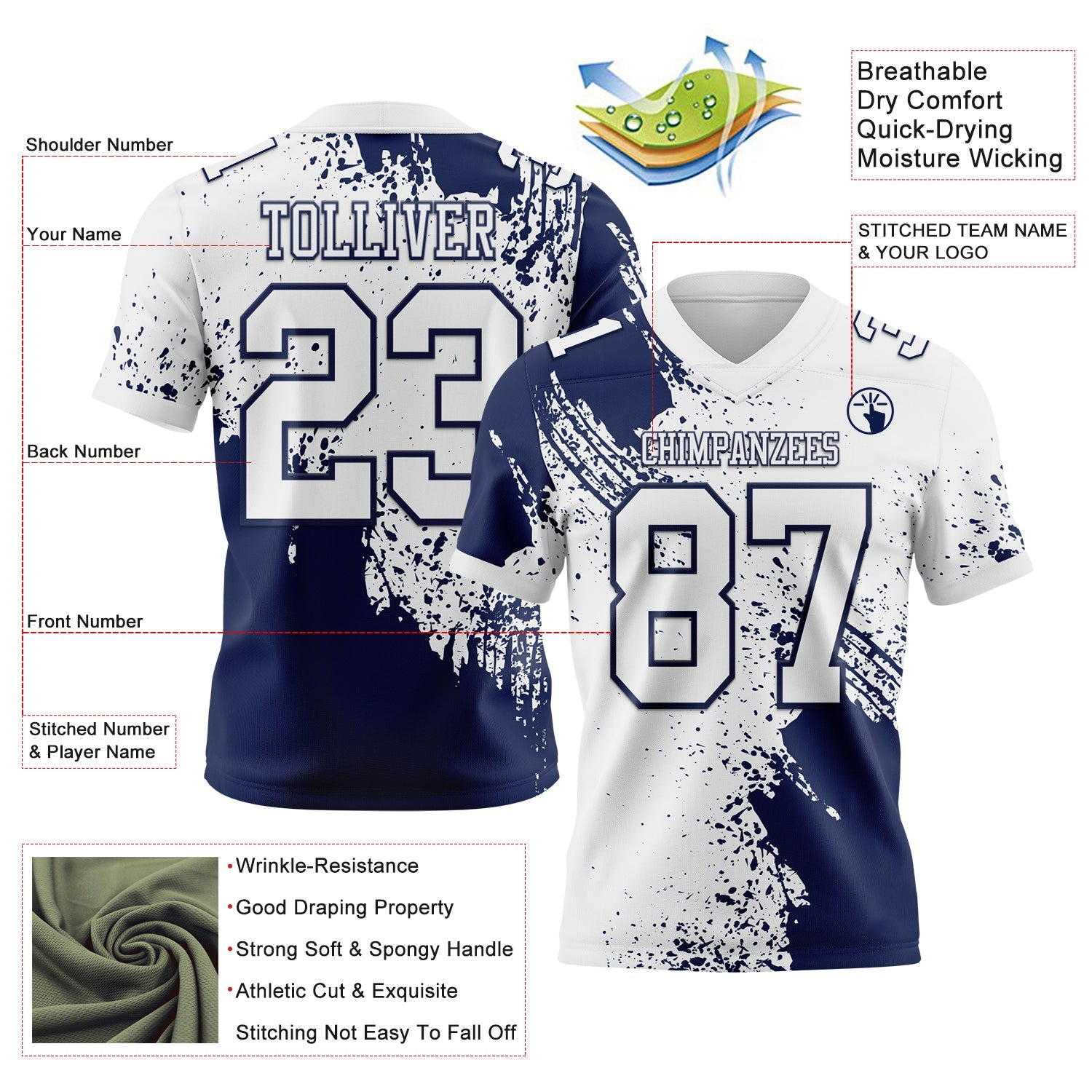 Custom White Navy 3D Pattern Abstract Brush Stroke Authentic Football Jersey