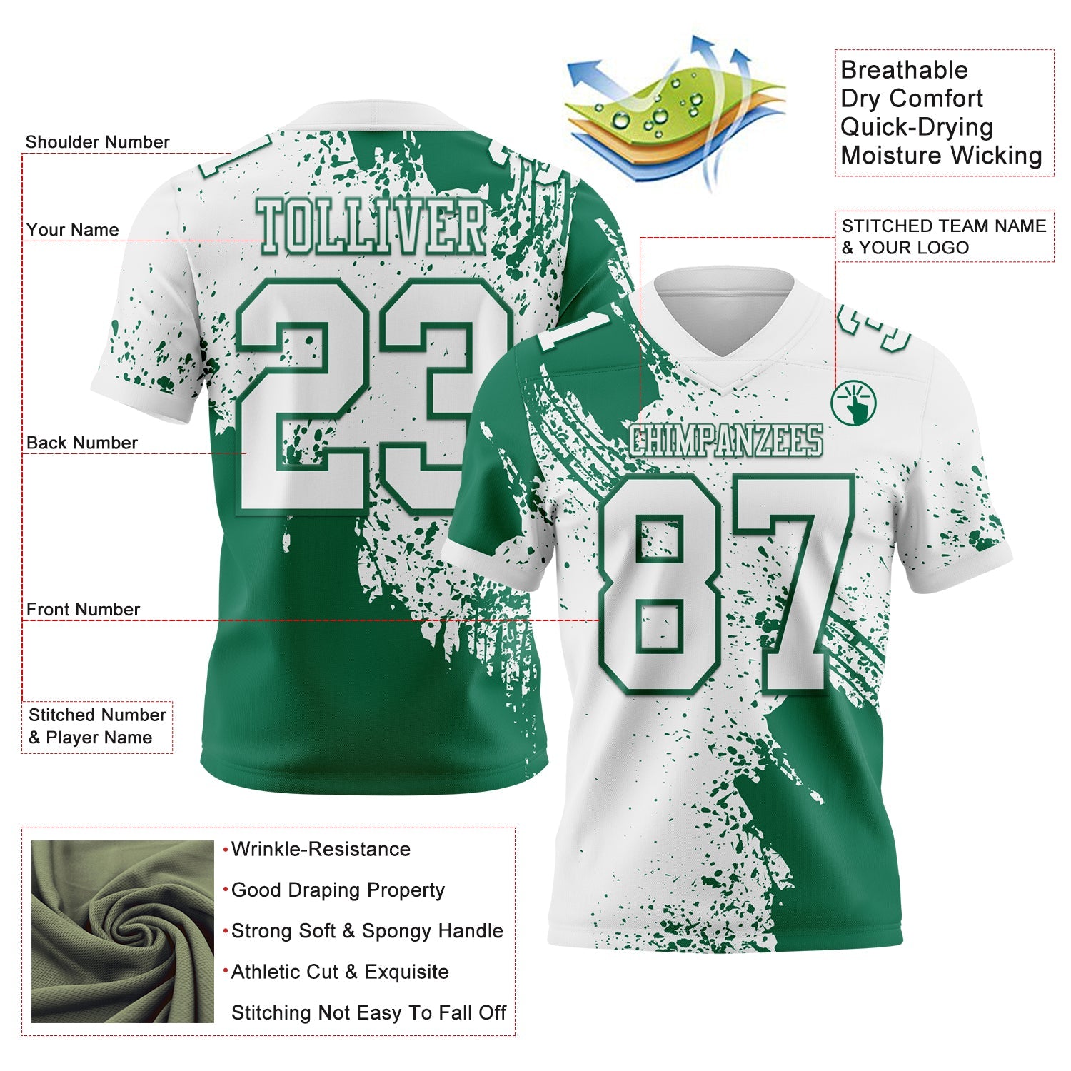 Custom White Kelly Green 3D Pattern Abstract Brush Stroke Authentic Football Jersey