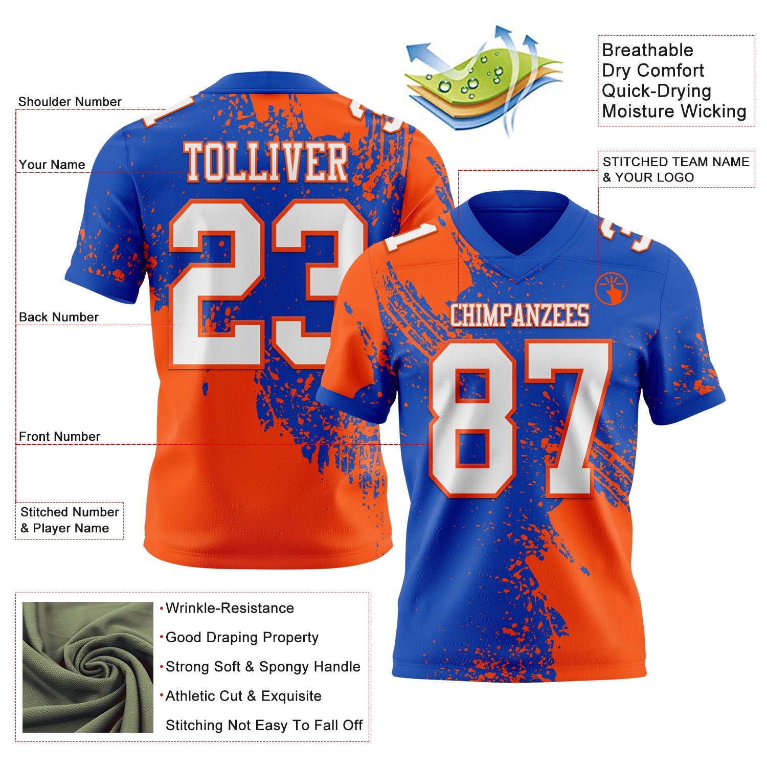Custom Thunder Blue White-Orange 3D Pattern Abstract Brush Stroke Authentic Football Jersey