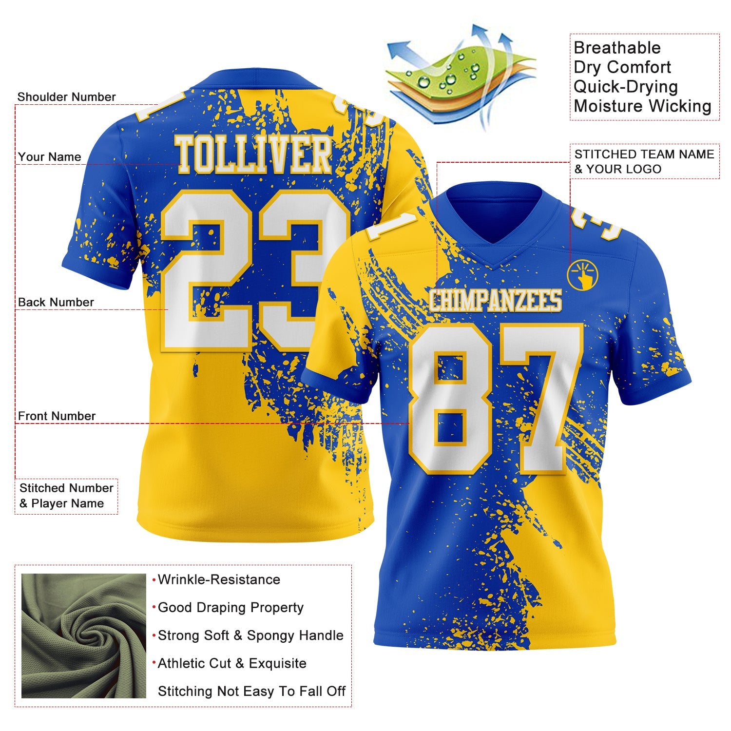 Custom Thunder Blue White-Yellow 3D Pattern Abstract Brush Stroke Authentic Football Jersey