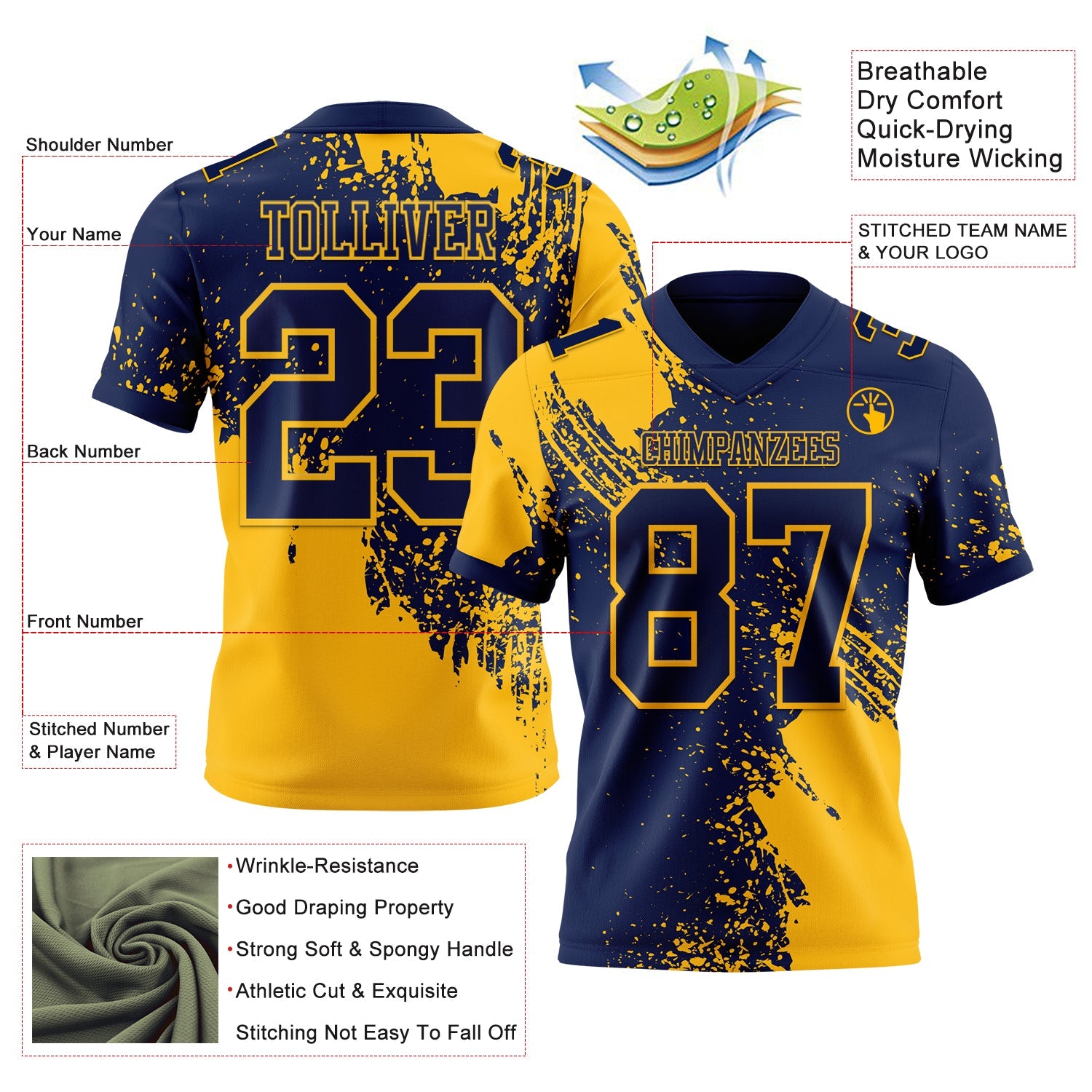 Custom Navy Gold 3D Pattern Abstract Brush Stroke Authentic Football Jersey