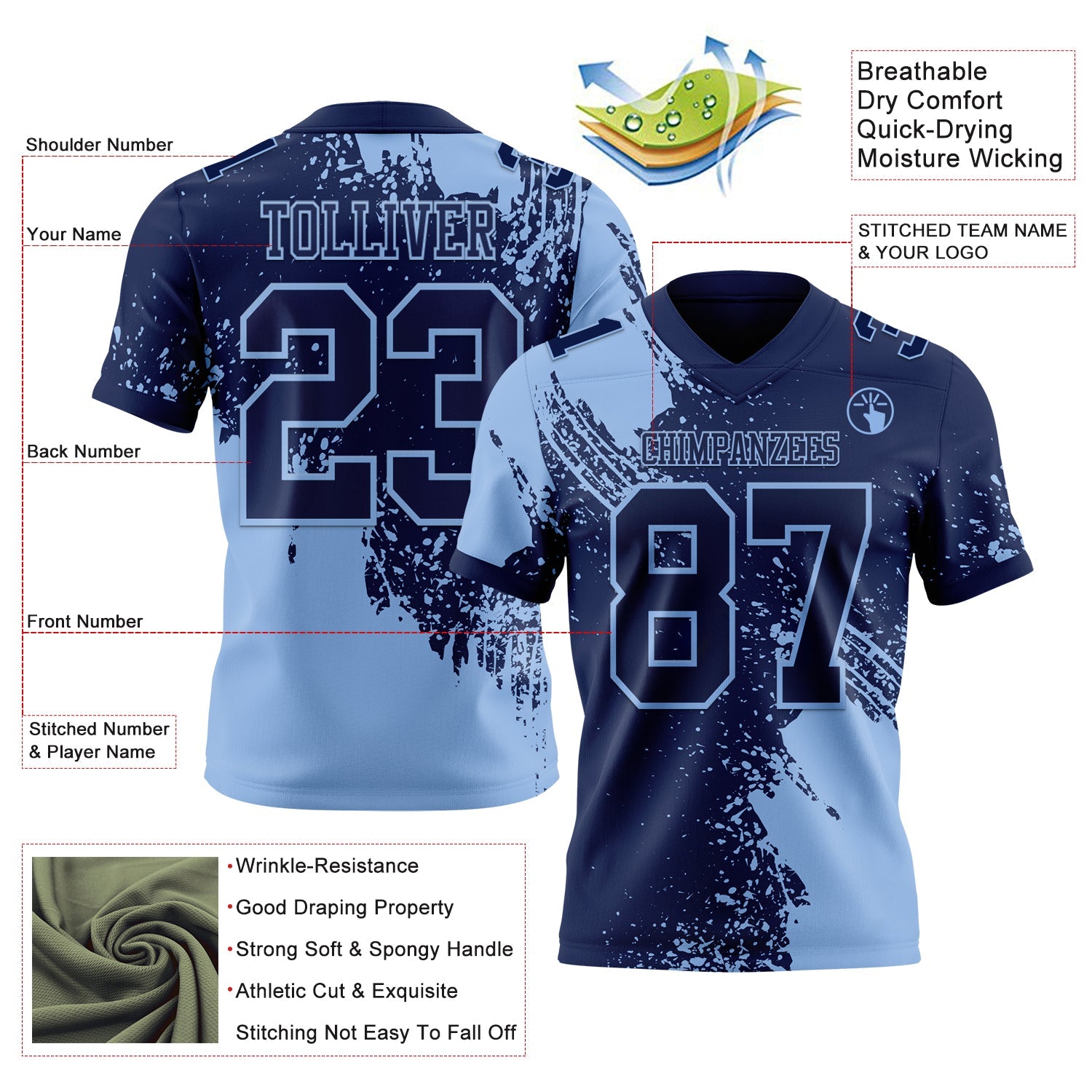 Custom Navy Light Blue 3D Pattern Abstract Brush Stroke Authentic Football Jersey