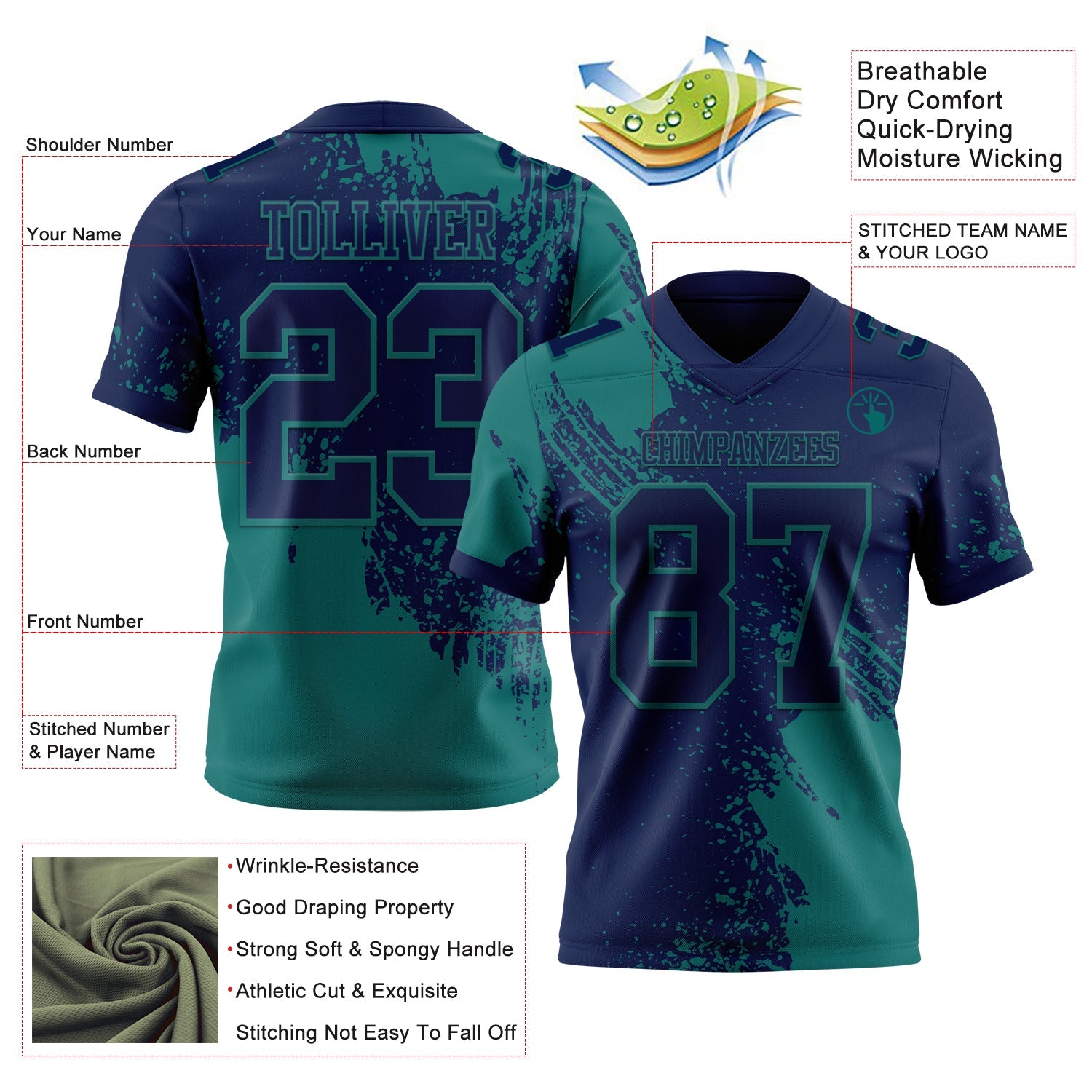 Custom Navy Teal 3D Pattern Abstract Brush Stroke Authentic Football Jersey