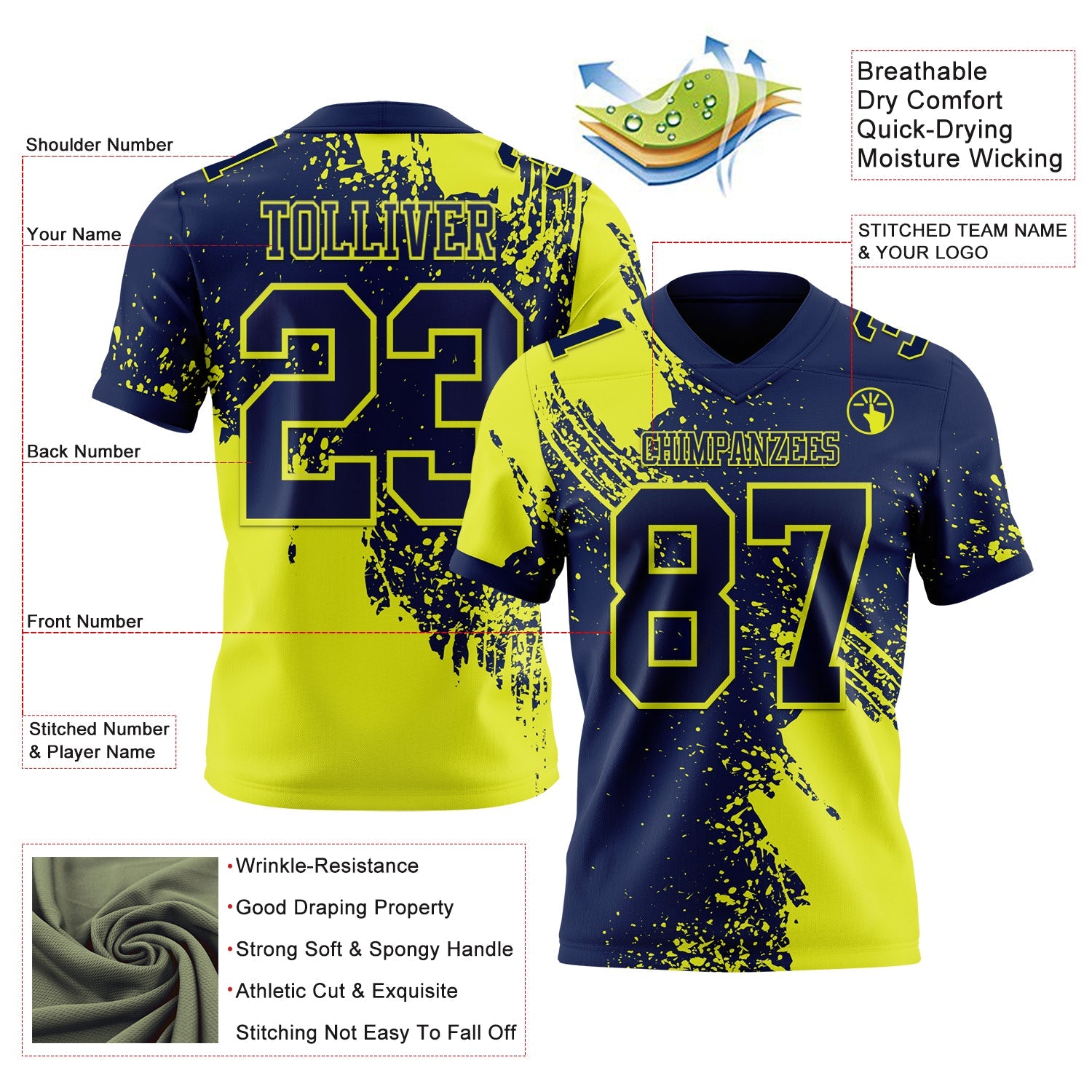 Custom Navy Neon Yellow 3D Pattern Abstract Brush Stroke Authentic Football Jersey