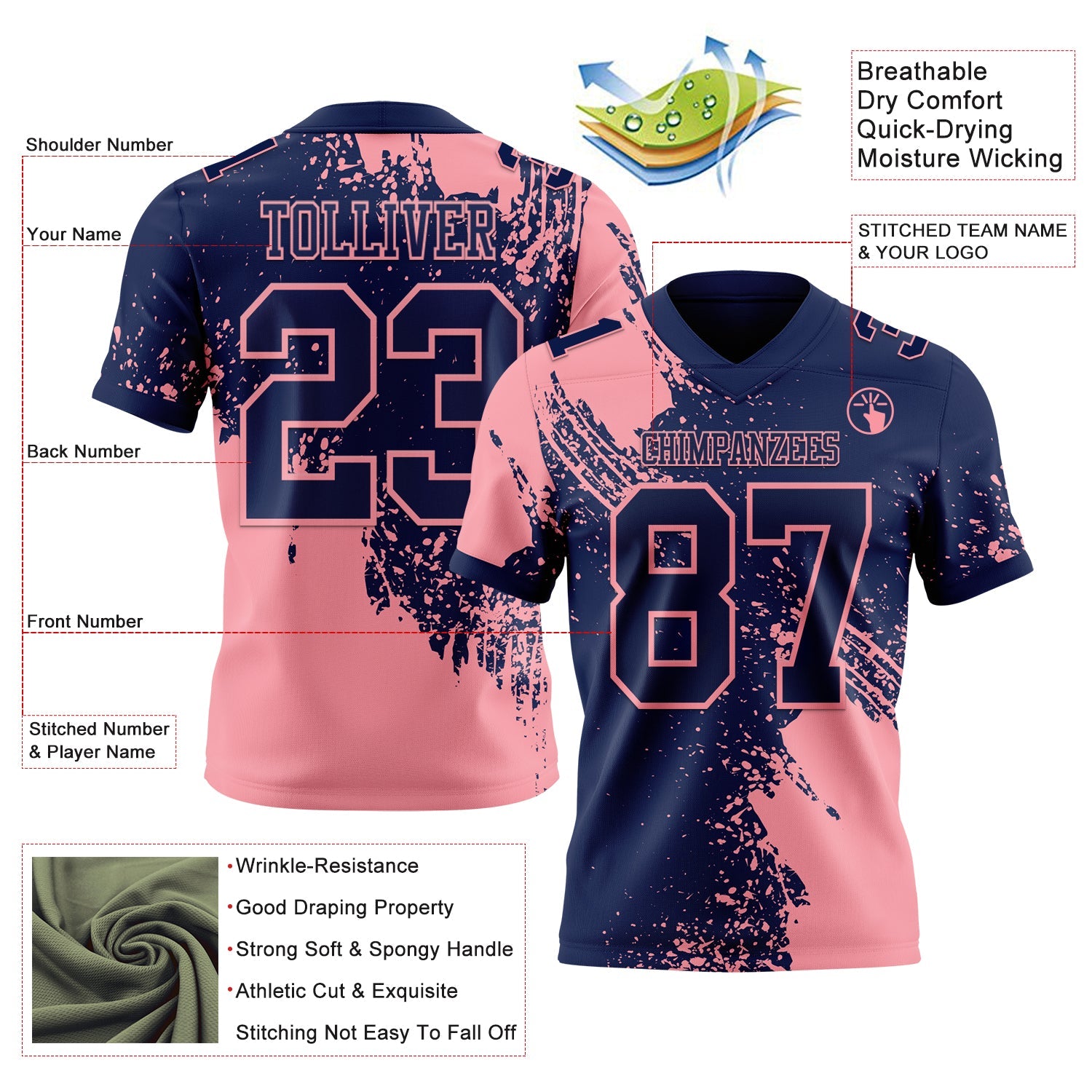Custom Navy Medium Pink 3D Pattern Abstract Brush Stroke Authentic Football Jersey