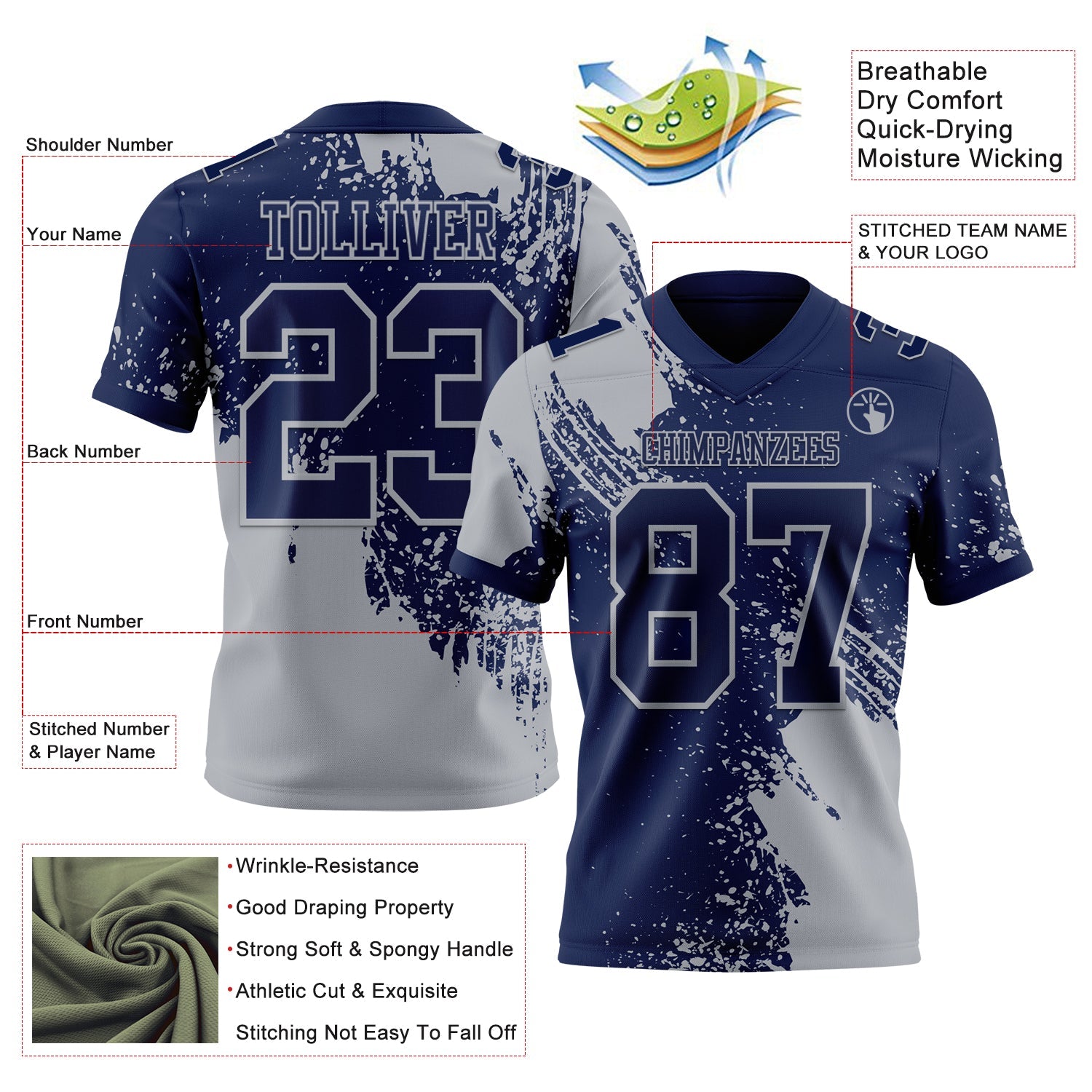 Custom Navy Gray 3D Pattern Abstract Brush Stroke Authentic Football Jersey