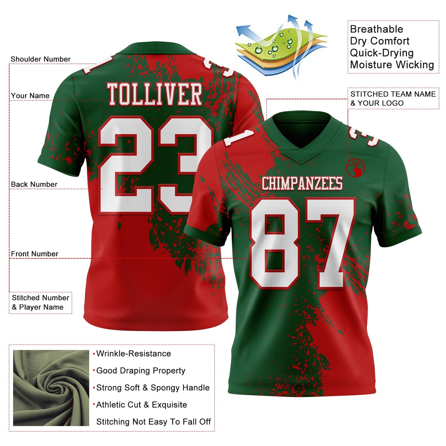 Custom Green White-Red 3D Pattern Abstract Brush Stroke Authentic Football Jersey
