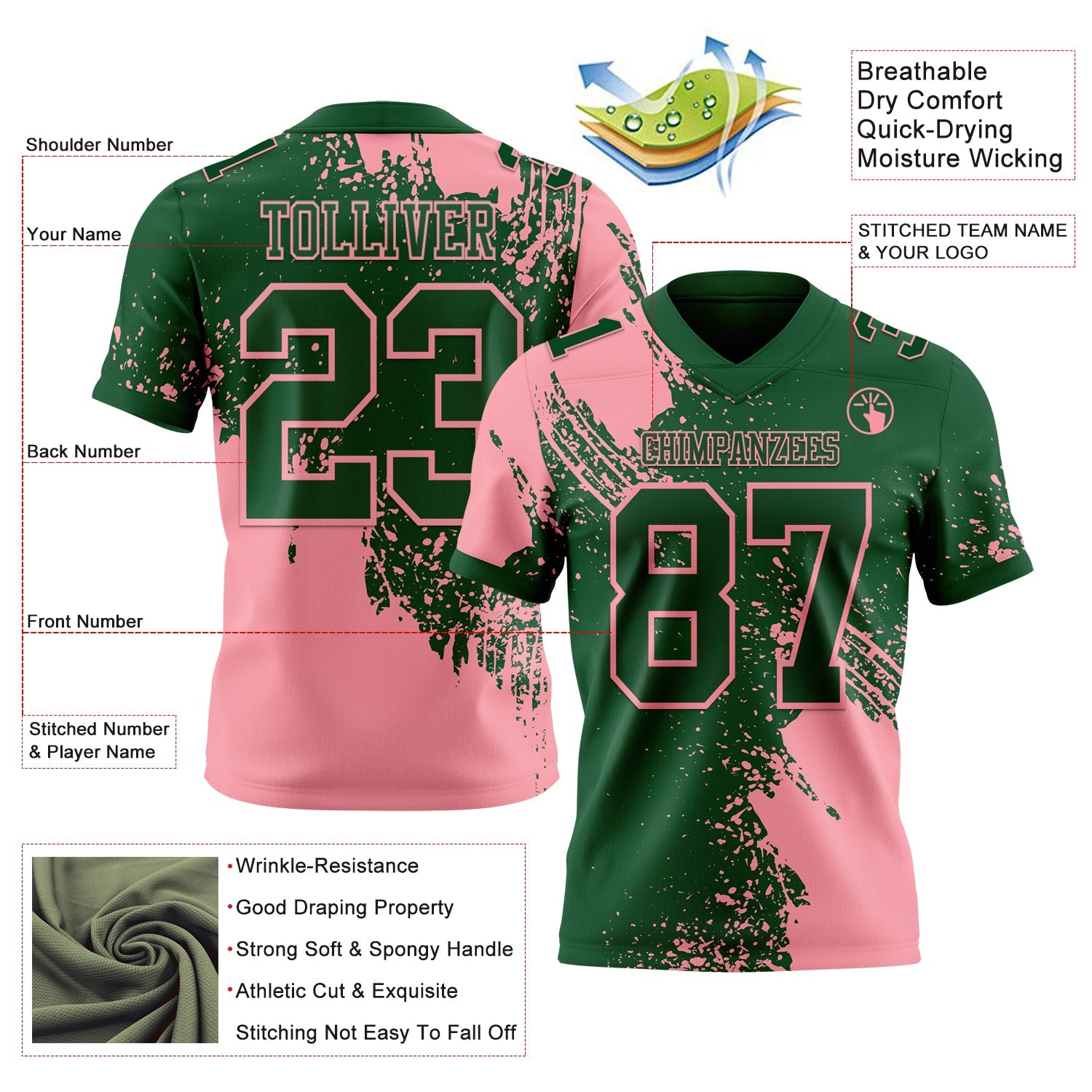 Custom Green Medium Pink 3D Pattern Abstract Brush Stroke Authentic Football Jersey