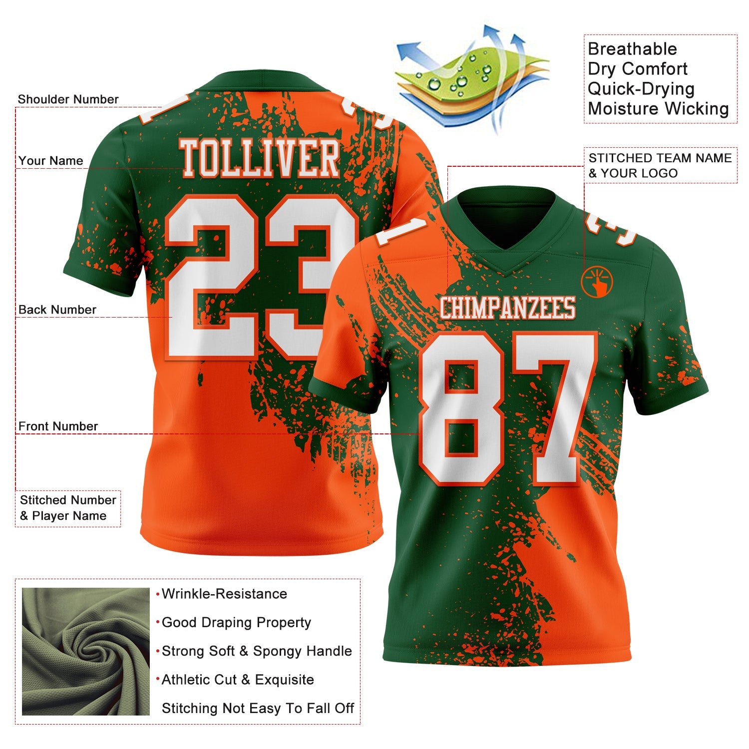 Custom Green White-Orange 3D Pattern Abstract Brush Stroke Authentic Football Jersey