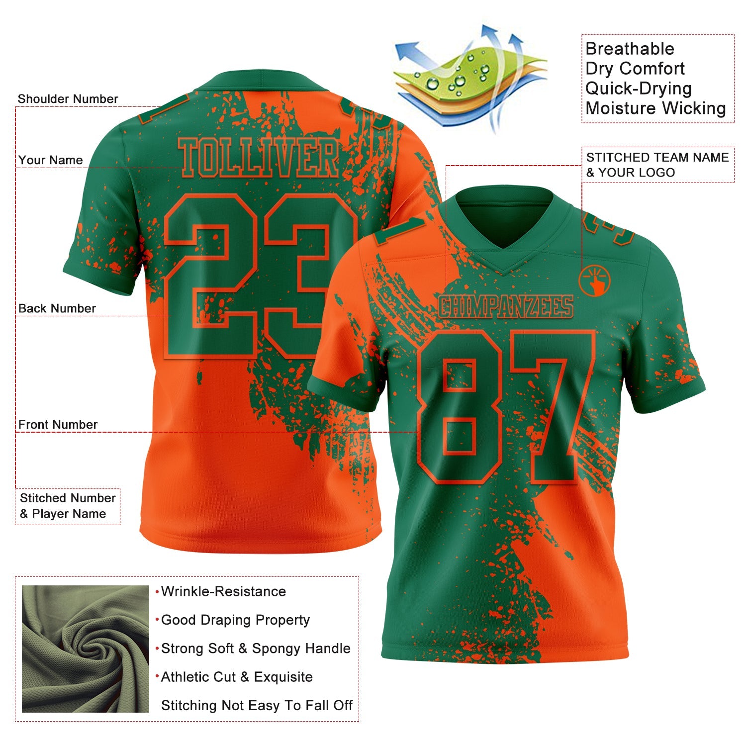 Custom Kelly Green Orange 3D Pattern Abstract Brush Stroke Authentic Football Jersey