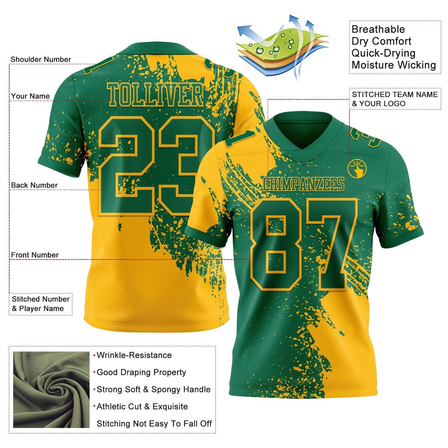 Custom Kelly Green Gold 3D Pattern Abstract Brush Stroke Authentic Football Jersey