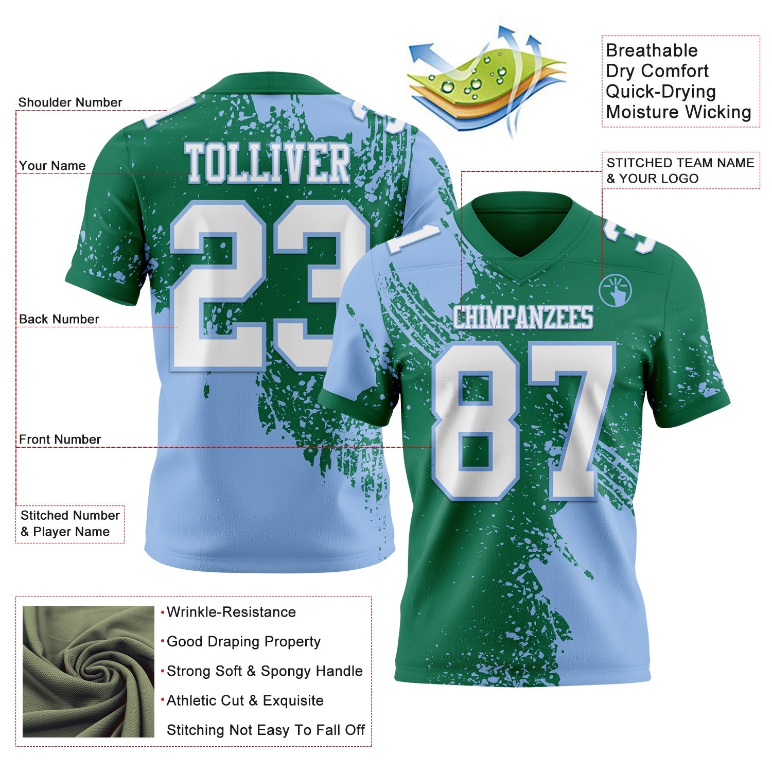 Custom Kelly Green White-Light Blue 3D Pattern Abstract Brush Stroke Authentic Football Jersey