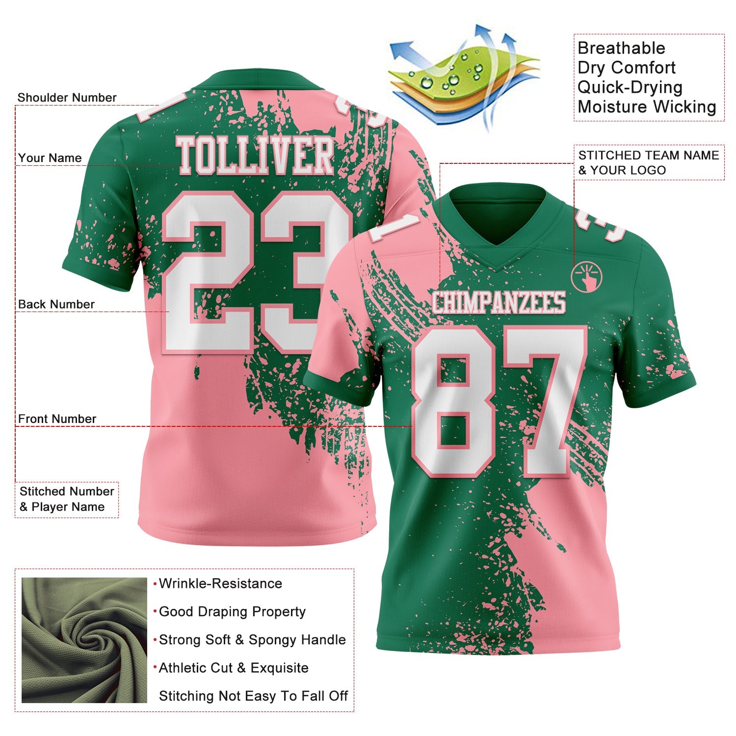 Custom Kelly Green White-Medium Pink 3D Pattern Abstract Brush Stroke Authentic Football Jersey
