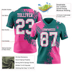 Custom Teal White-Pink 3D Pattern Abstract Brush Stroke Authentic Football Jersey