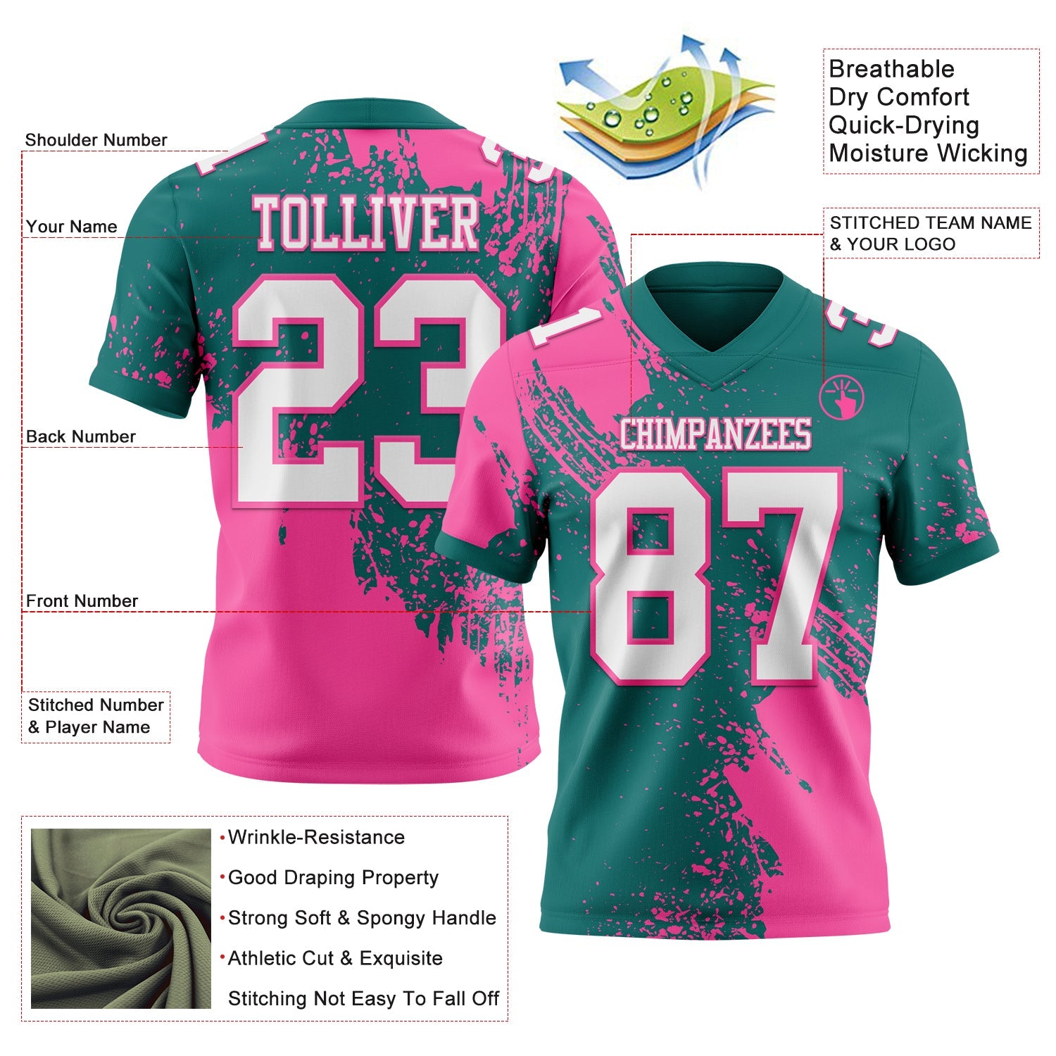 Custom Teal White-Pink 3D Pattern Abstract Brush Stroke Authentic Football Jersey