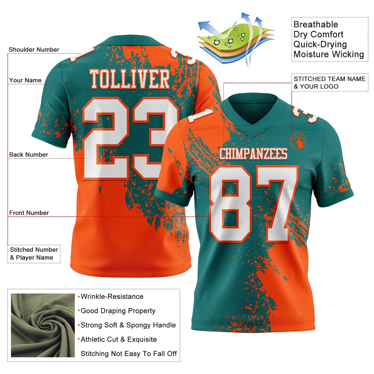 Custom Teal White-Orange 3D Pattern Abstract Brush Stroke Authentic Football Jersey
