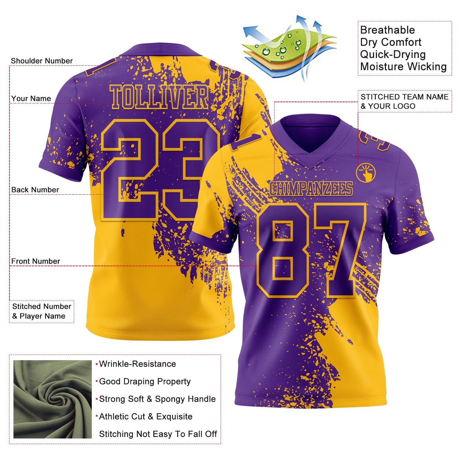 Custom Purple Gold 3D Pattern Abstract Brush Stroke Authentic Football Jersey