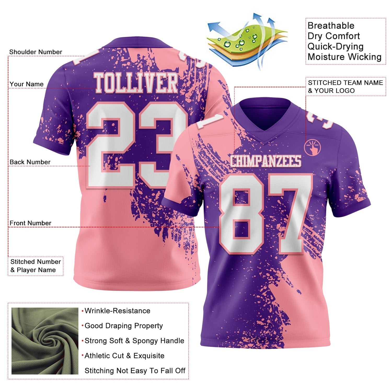 Custom Purple White-Medium Pink 3D Pattern Abstract Brush Stroke Authentic Football Jersey