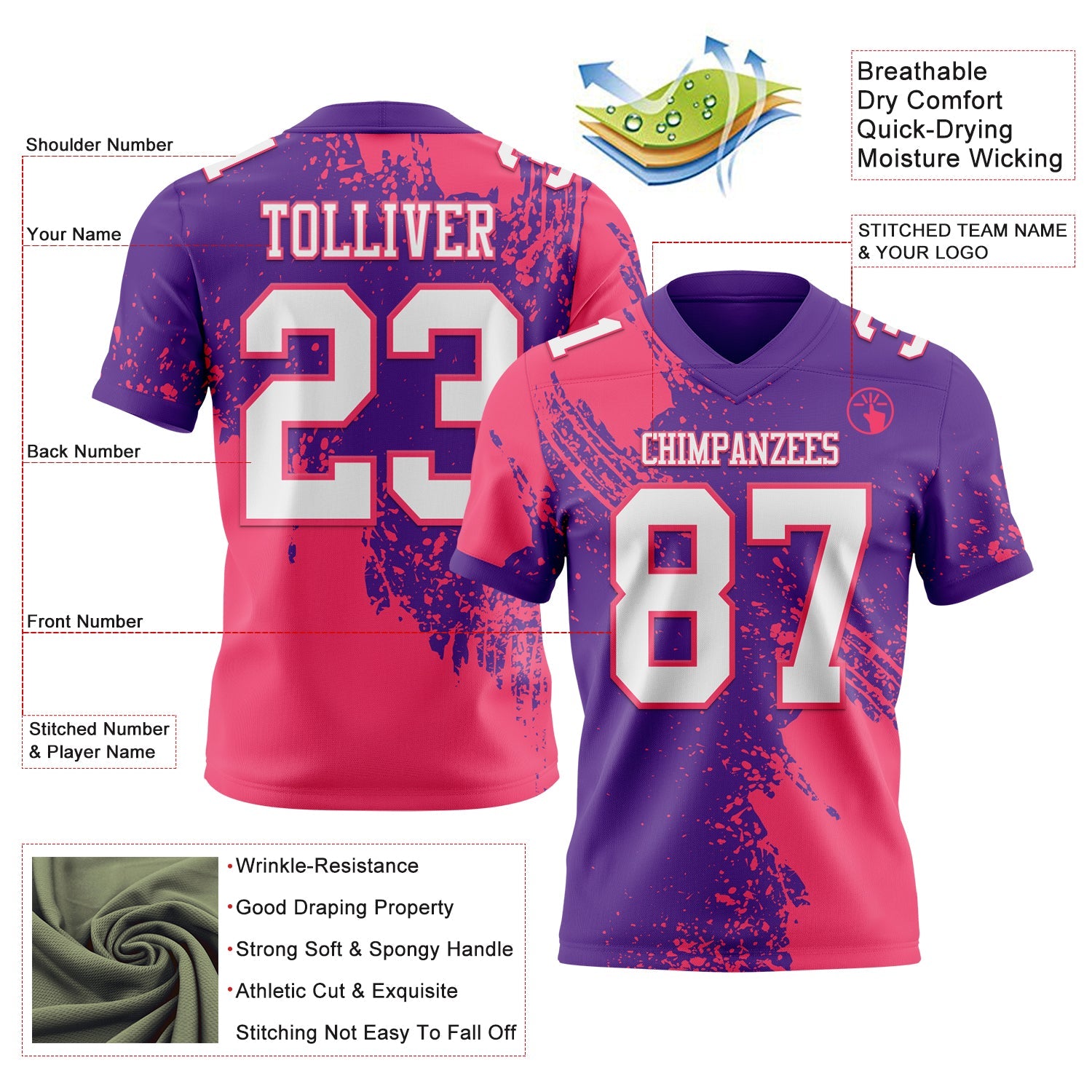 Custom Purple White-Neon Pink 3D Pattern Abstract Brush Stroke Authentic Football Jersey