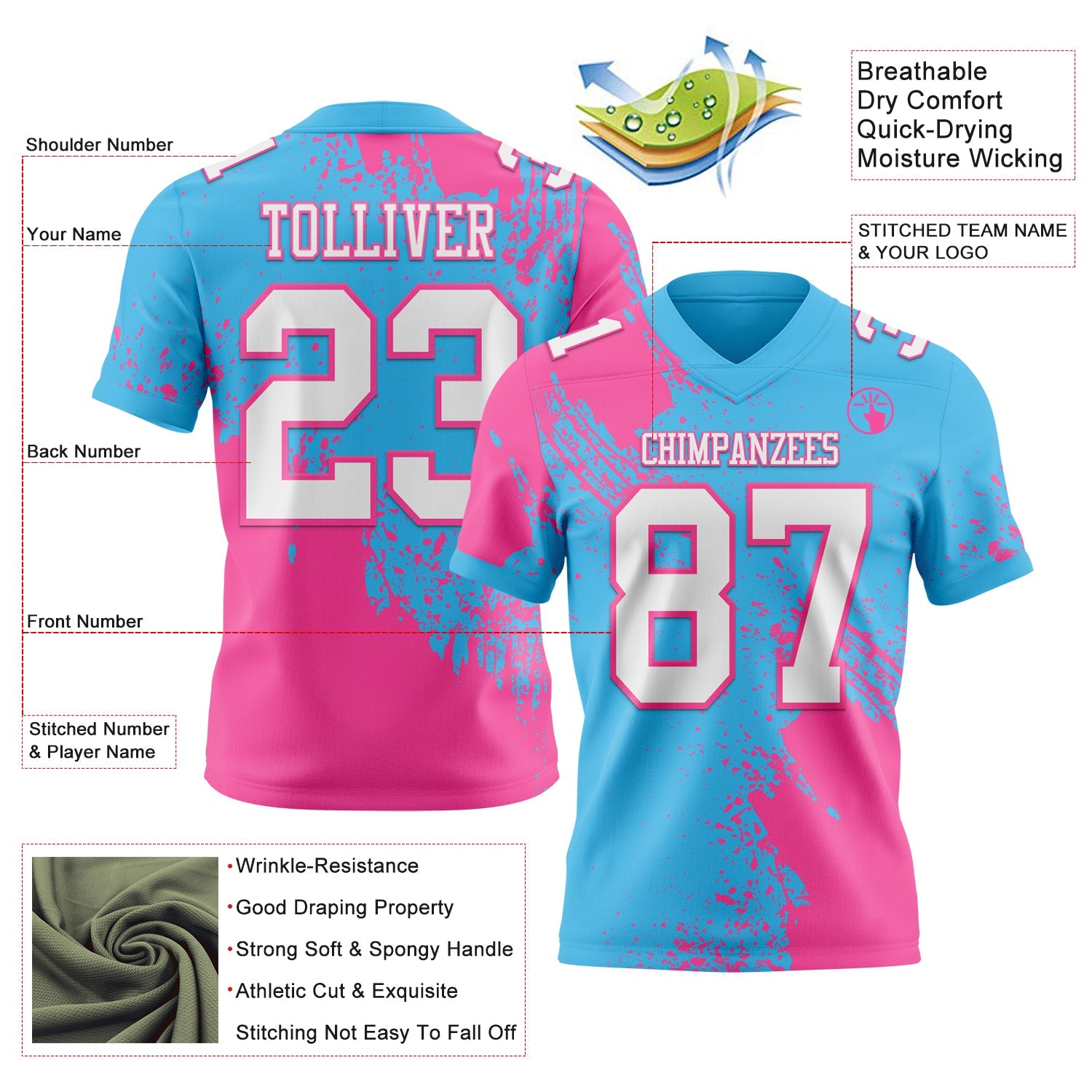 Custom Sky Blue White-Pink 3D Pattern Abstract Brush Stroke Authentic Football Jersey