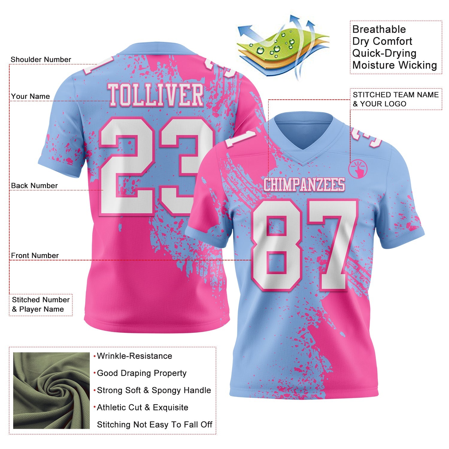 Custom Light Blue White-Pink 3D Pattern Abstract Brush Stroke Authentic Football Jersey