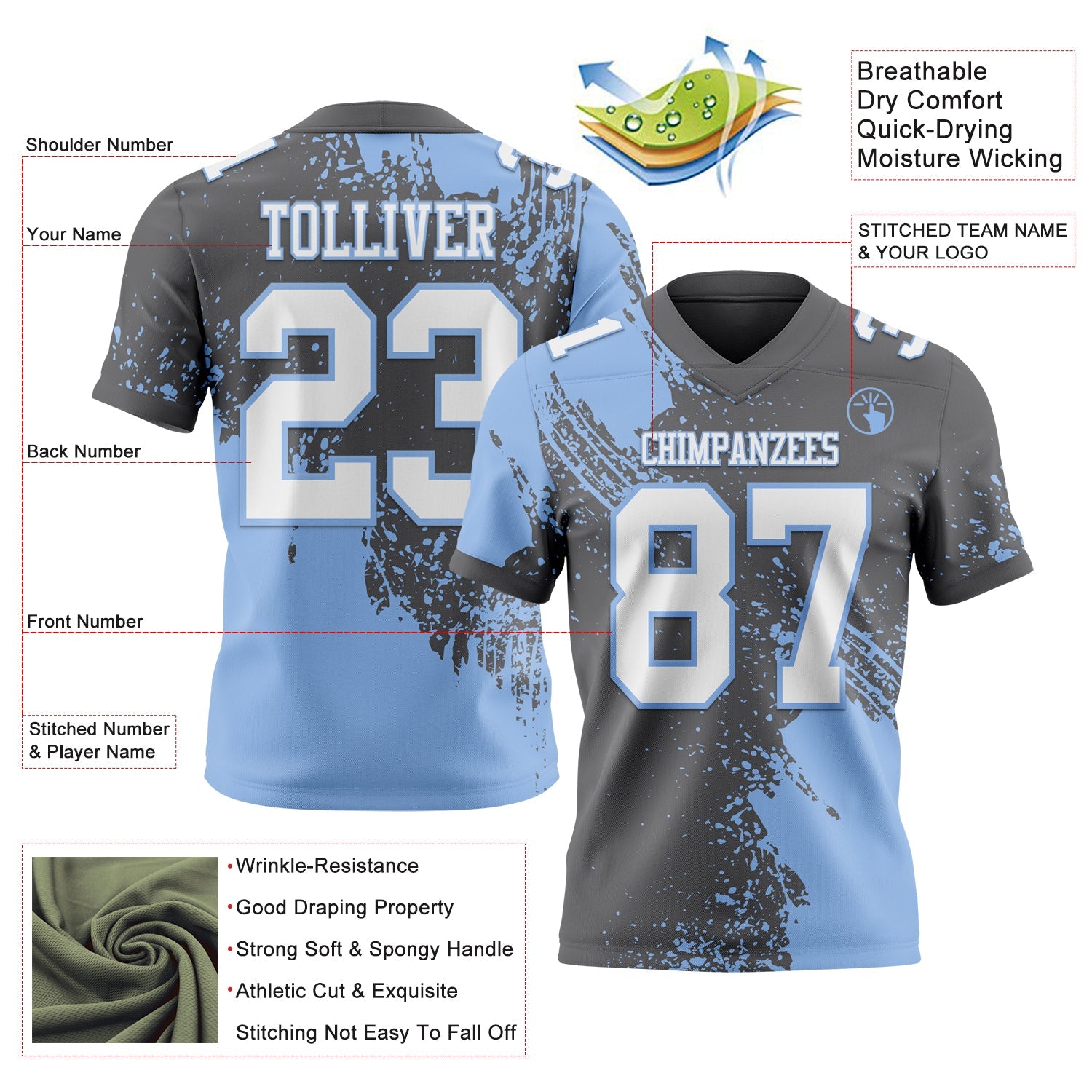 Custom Steel Gray White-Light Blue 3D Pattern Abstract Brush Stroke Authentic Football Jersey
