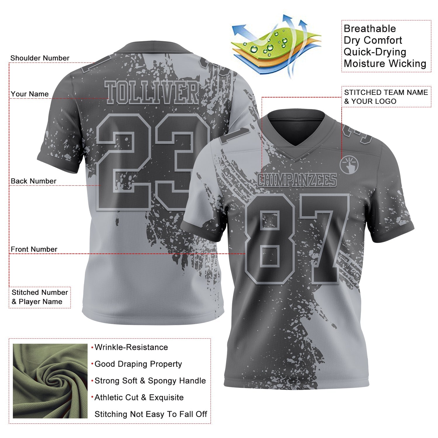 Custom Steel Gray Gray 3D Pattern Abstract Brush Stroke Authentic Football Jersey