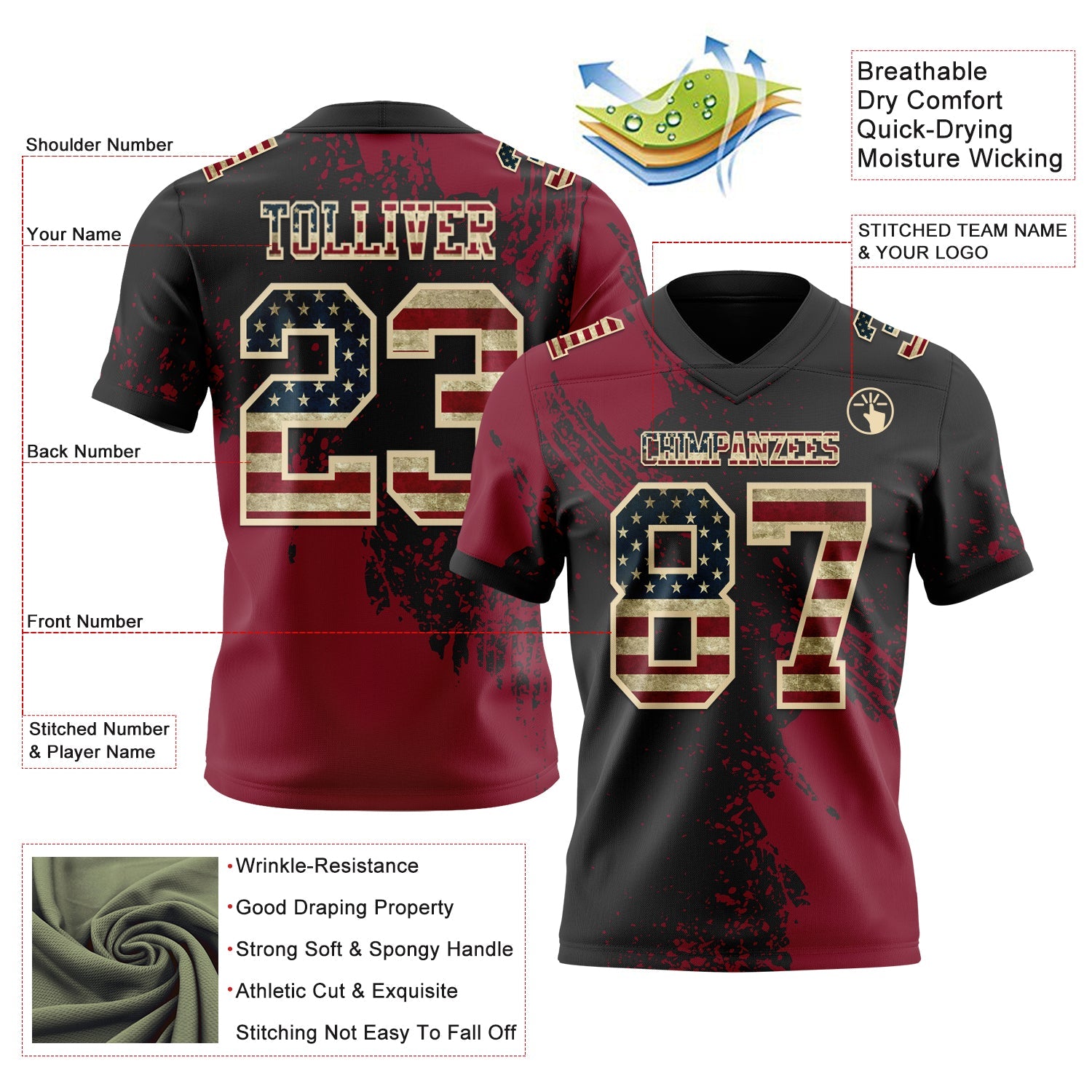 Custom Black Vintage USA Flag Crimson-Cream 3D Pattern Abstract Brush Stroke Authentic Football Jersey