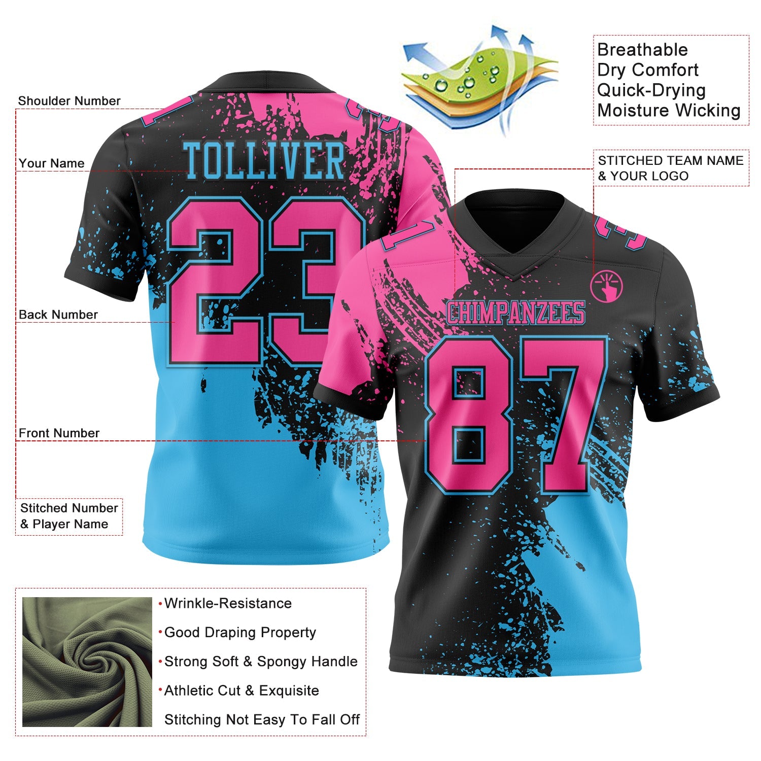 Custom Black Pink-Sky Blue 3D Pattern Abstract Brush Stroke Authentic Football Jersey