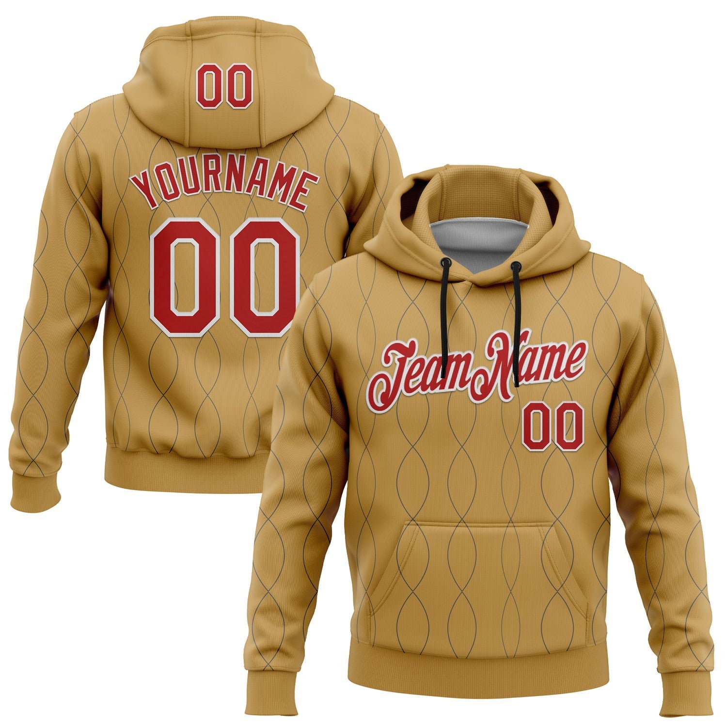 Custom Stitched Old Gold Red Steel Gray-White 3D Pattern Design Curve Line Geometric Shape Sports Pullover Sweatshirt Hoodie