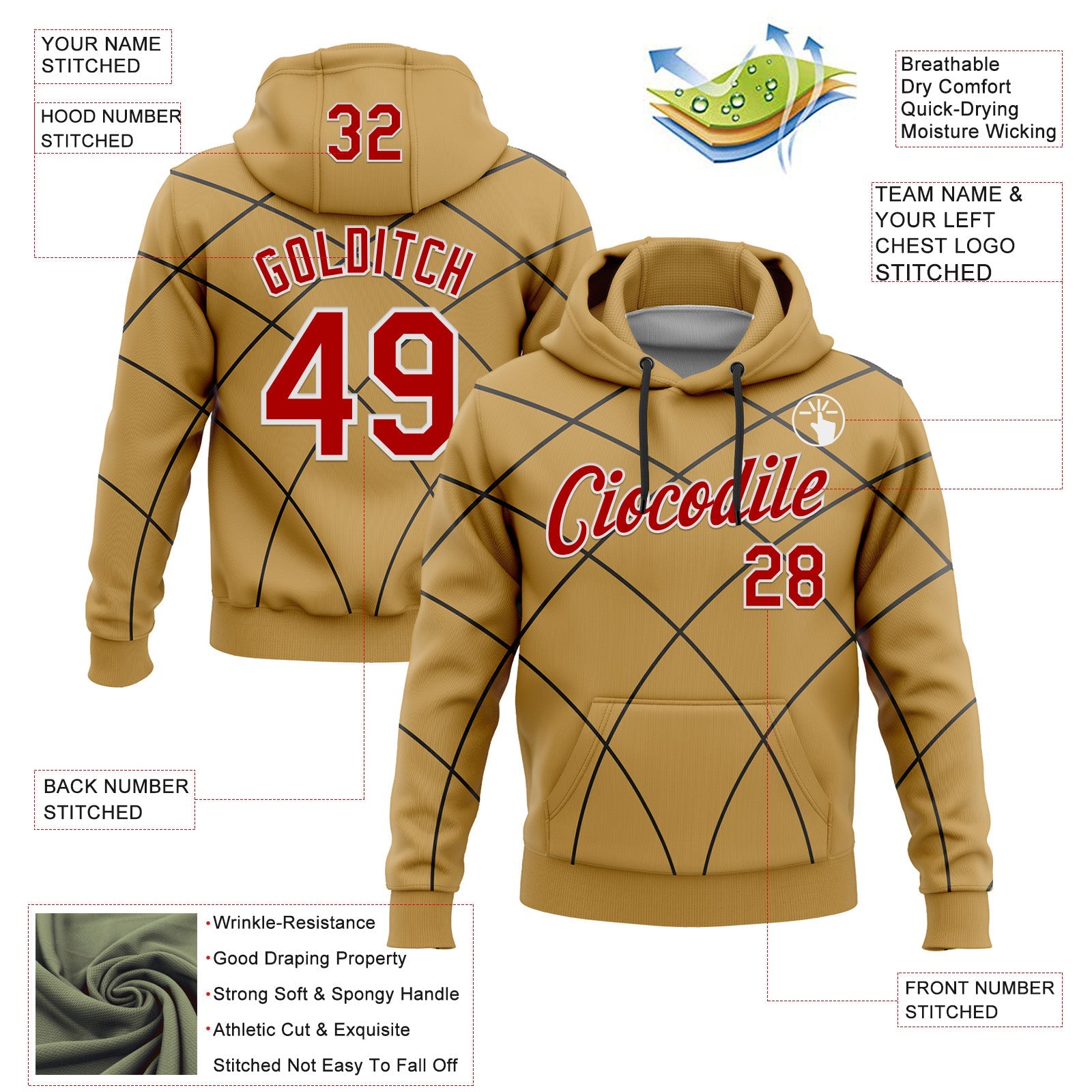 Custom Stitched Old Gold Red Black-White 3D Pattern Design Line Geometric Shape Sports Pullover Sweatshirt Hoodie