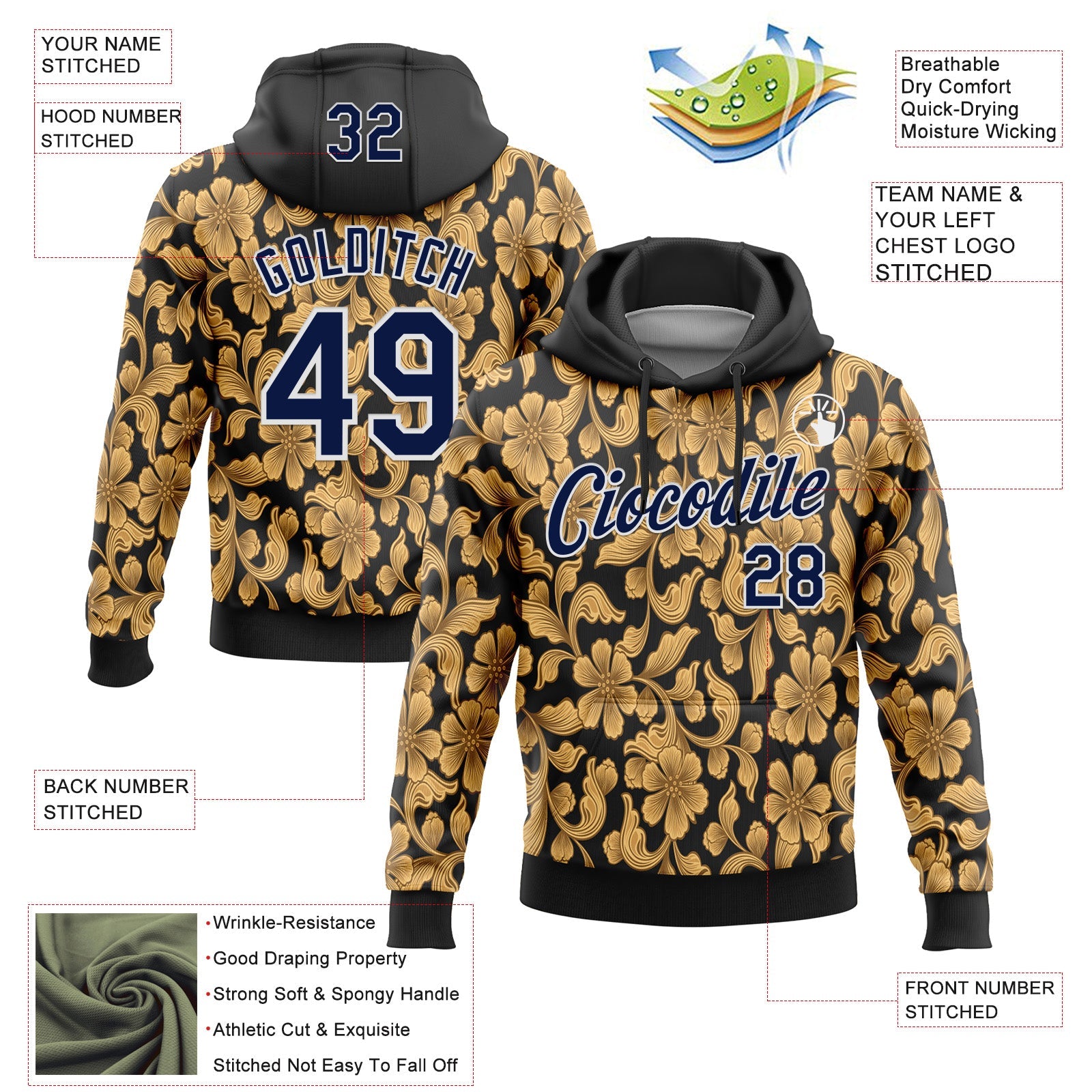 Custom Stitched Black Navy-White 3D Pattern Design Golden Subtle Floral Sports Pullover Sweatshirt Hoodie