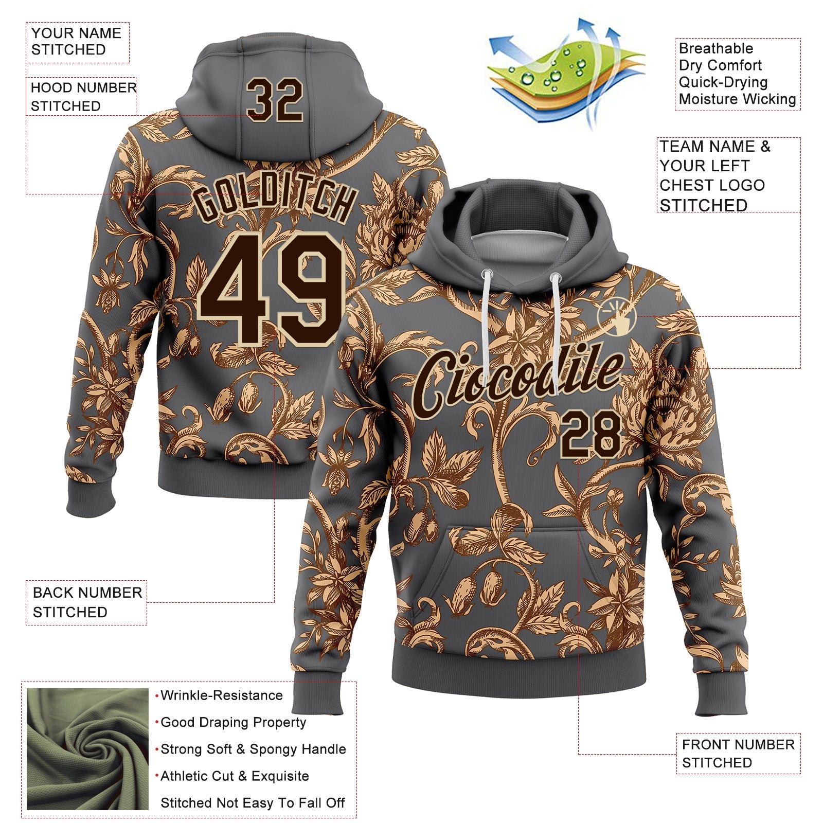 Custom Stitched Steel Gray Brown-Cream 3D Pattern Design Golden Subtle Floral Sports Pullover Sweatshirt Hoodie