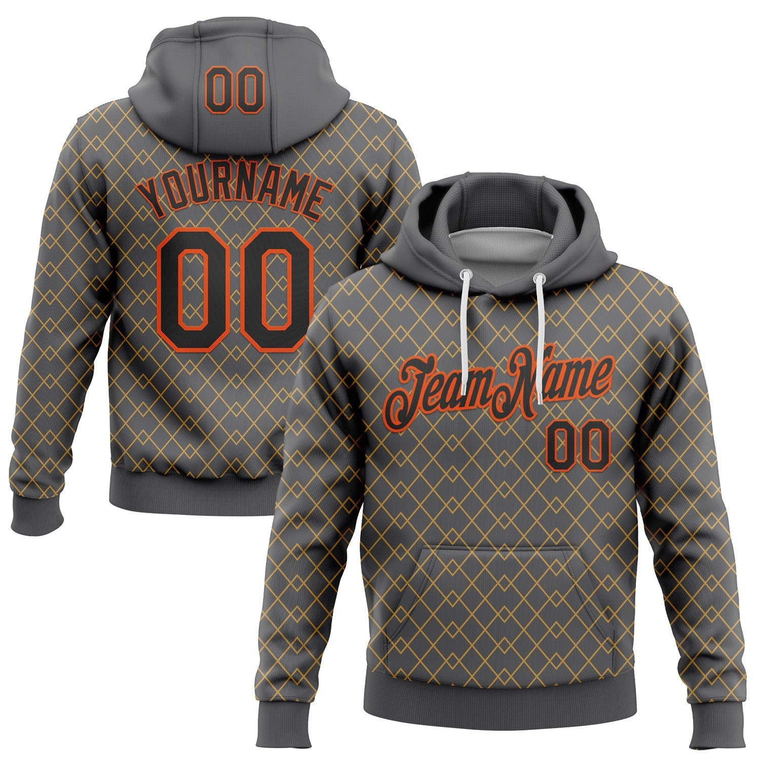 Custom Stitched Steel Gray Black Gold-Orange 3D Pattern Design Line Geometric Shape Sports Pullover Sweatshirt Hoodie