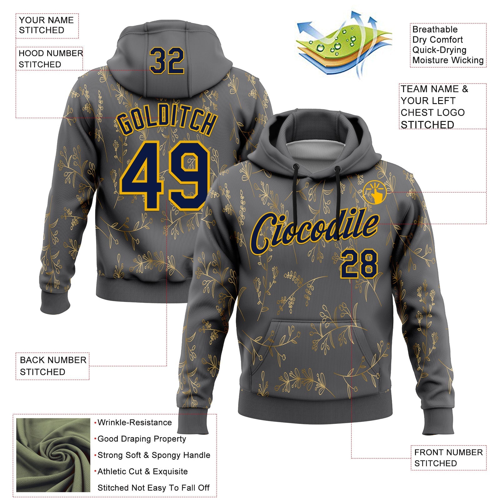 Custom Stitched Steel Gray Navy-Gold 3D Pattern Design Golden Subtle Floral Sports Pullover Sweatshirt Hoodie