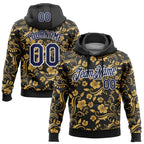 Custom Stitched Black Navy-White 3D Pattern Design Golden Subtle Floral Sports Pullover Sweatshirt Hoodie