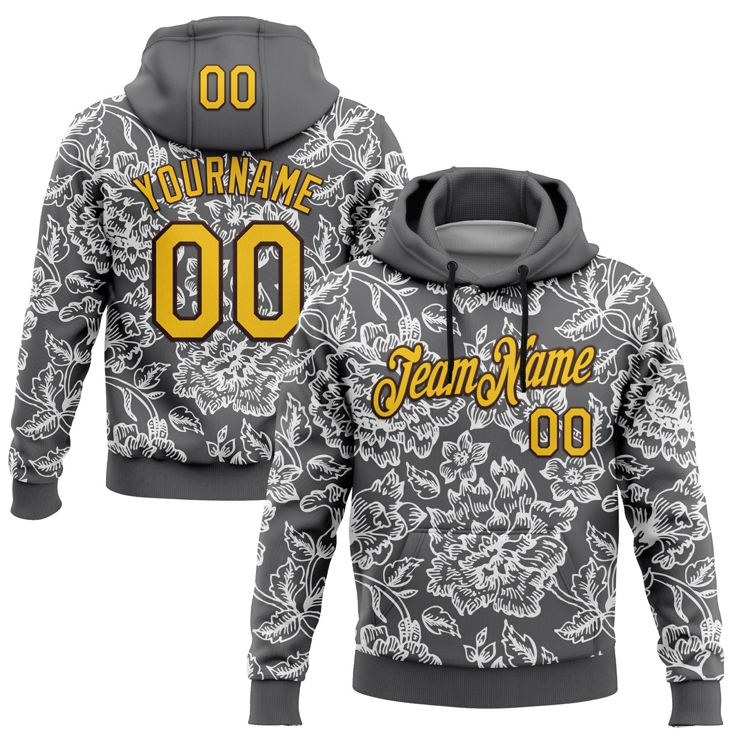 Custom Stitched Steel Gray Yellow-Brown 3D Pattern Design Subtle Floral Sports Pullover Sweatshirt Hoodie