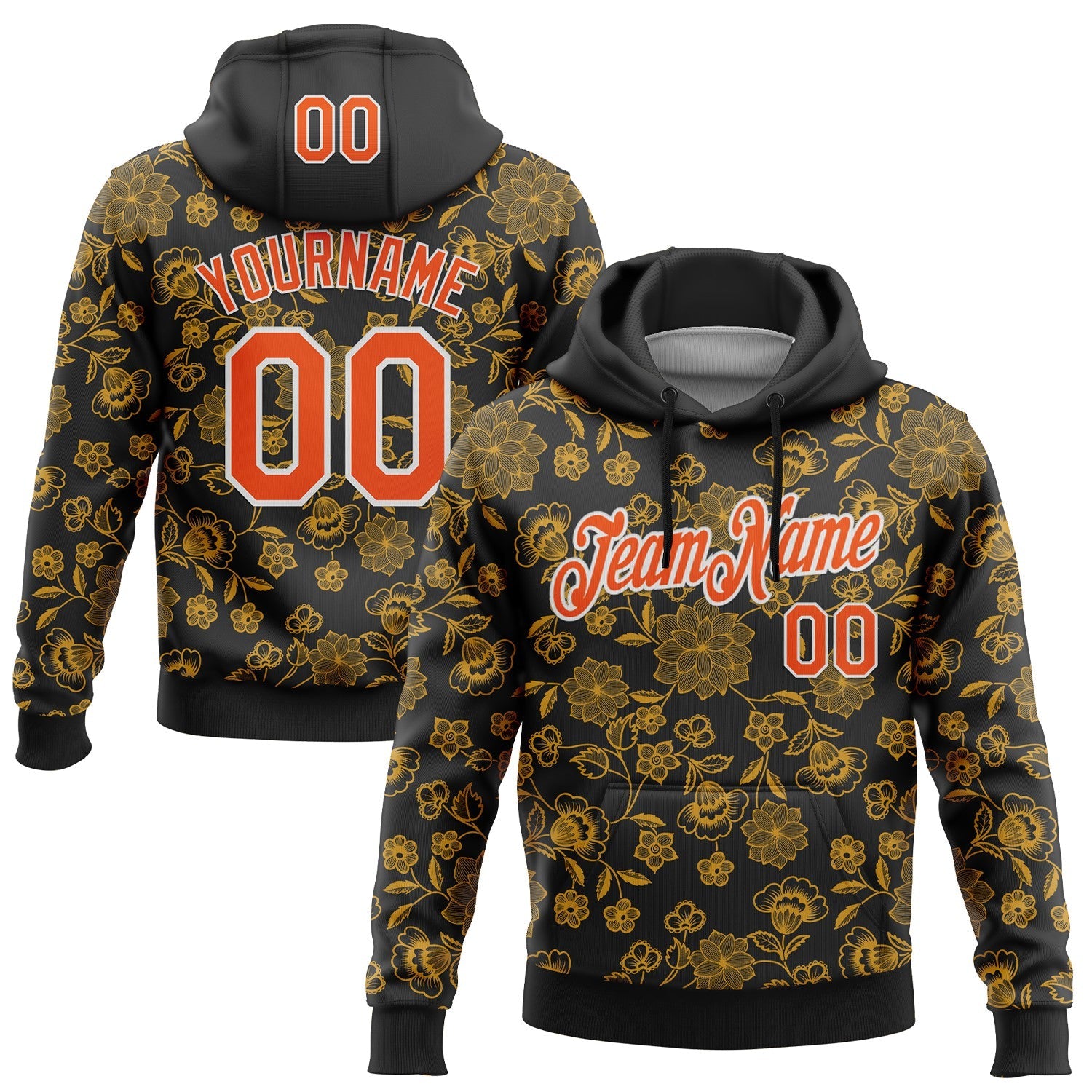 Custom Stitched Black Orange-White 3D Pattern Design Golden Subtle Floral Sports Pullover Sweatshirt Hoodie