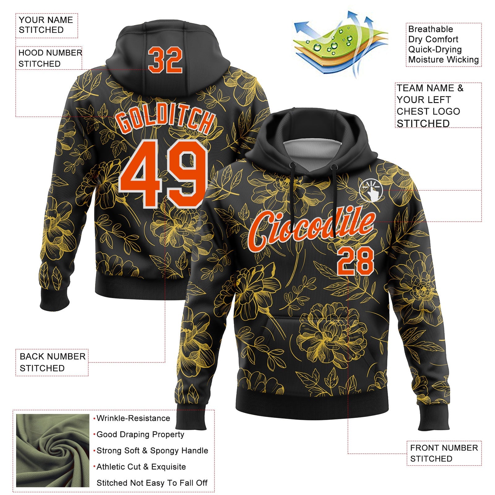 Custom Stitched Black Orange-White 3D Pattern Design Golden Subtle Floral Sports Pullover Sweatshirt Hoodie