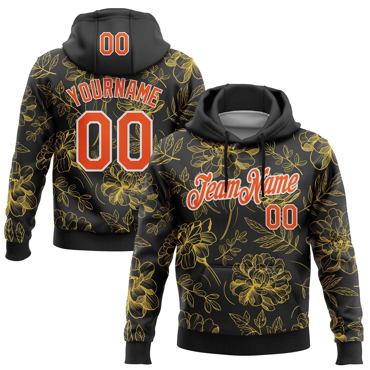 Custom Stitched Black Orange-White 3D Pattern Design Golden Subtle Floral Sports Pullover Sweatshirt Hoodie